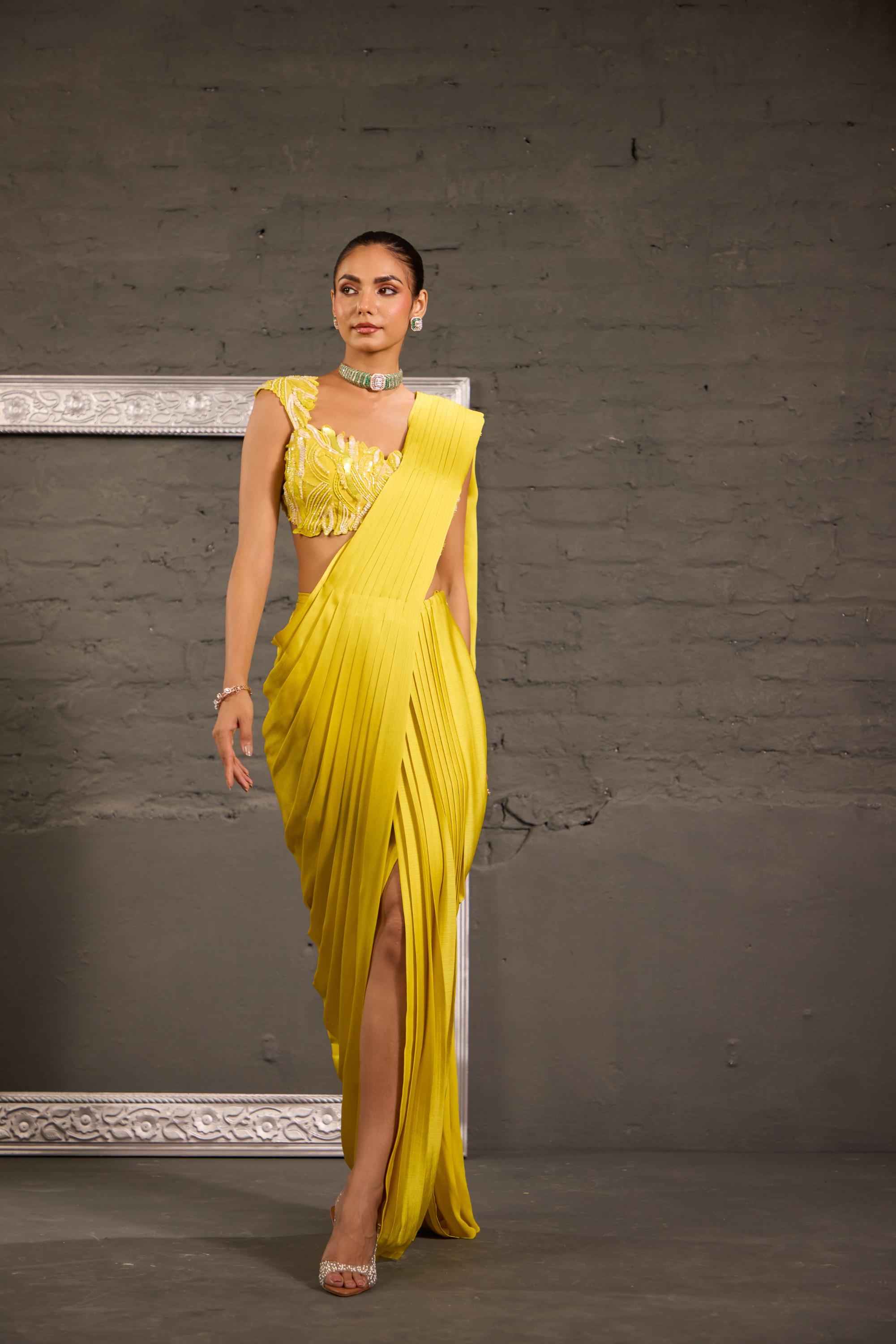 Cutwork Lime Yellow Blouse With Drape Saree