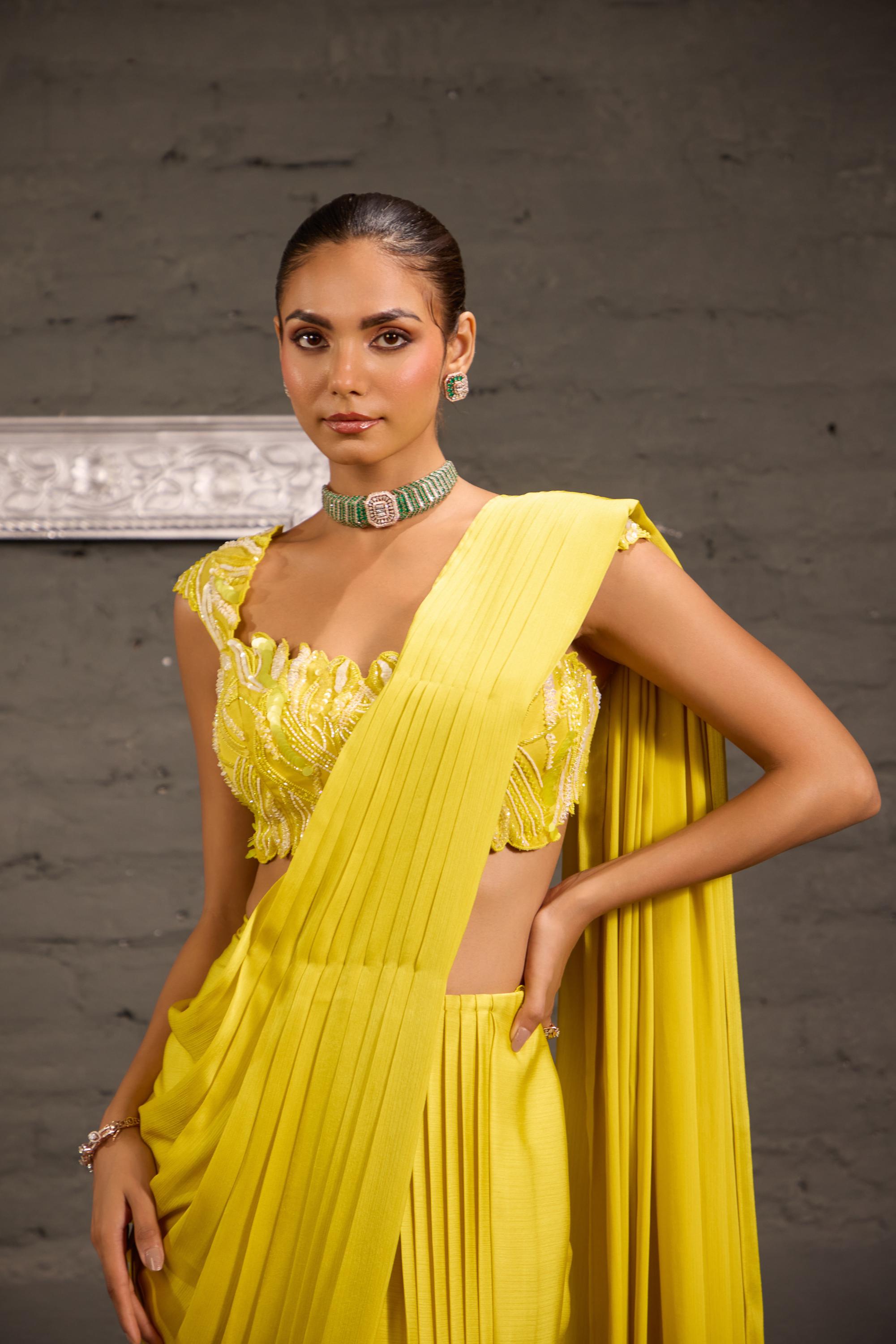 Cutwork Lime Yellow Blouse With Drape Saree