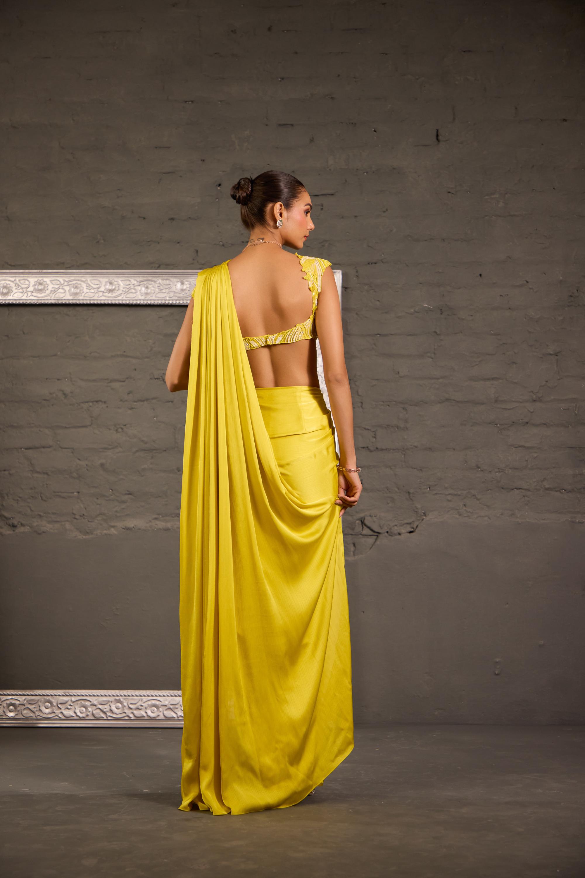 Cutwork Lime Yellow Blouse With Drape Saree
