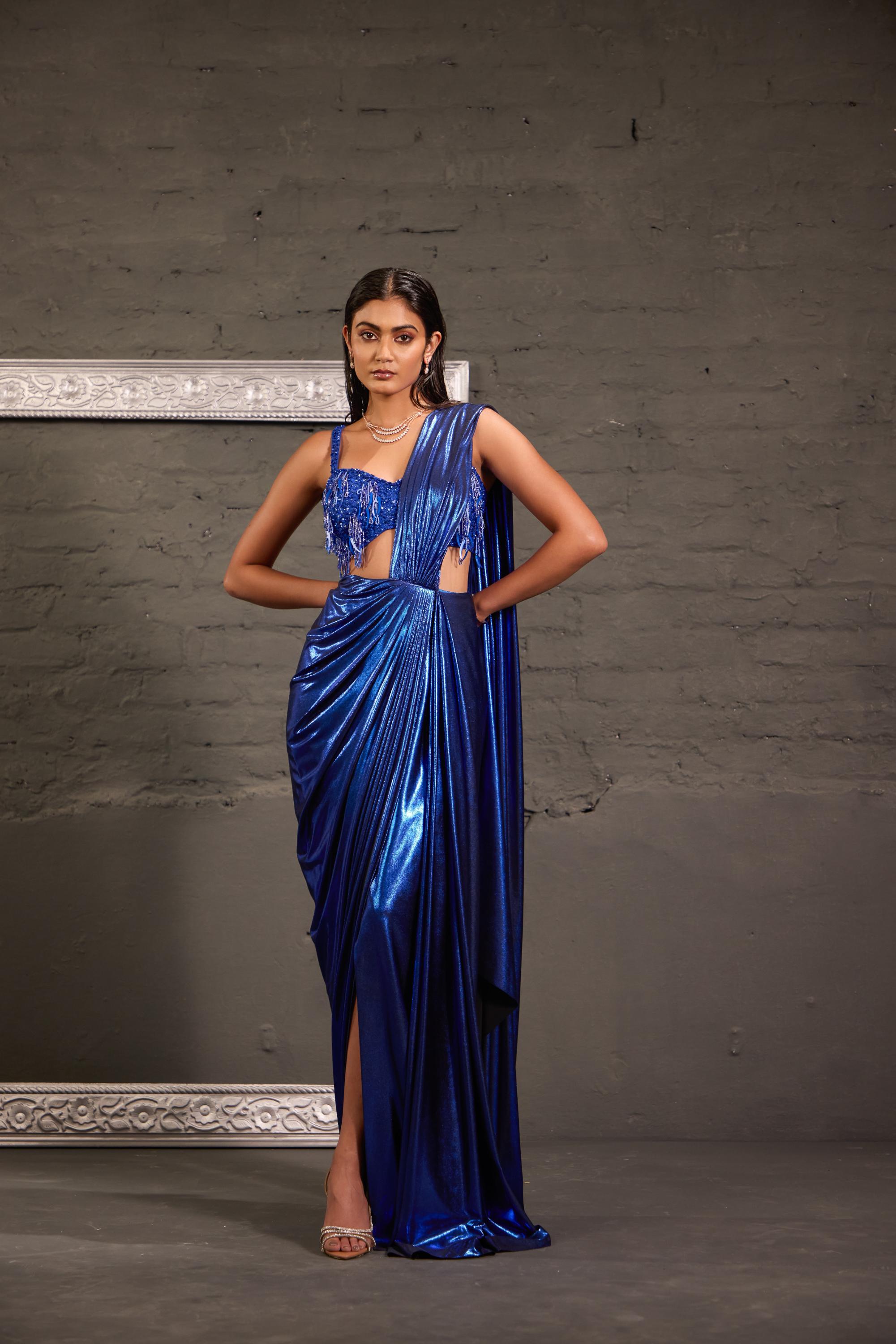 Tasseled Royal Blue Cocktail Metallic Drape Saree Set