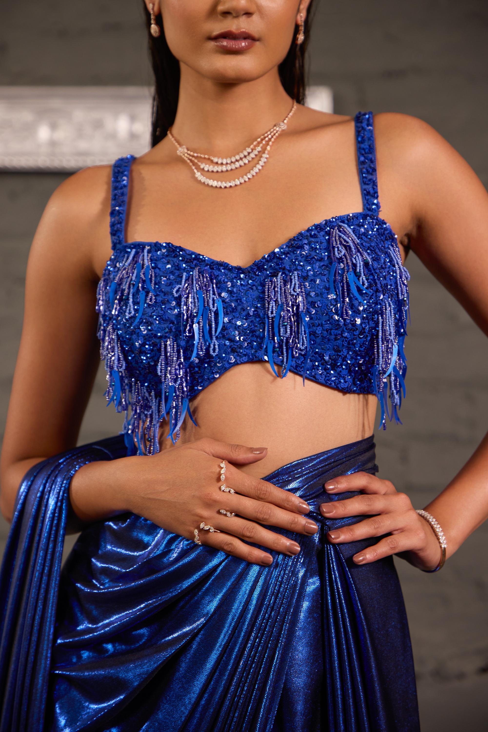 Tasseled Royal Blue Cocktail Metallic Drape Saree Set