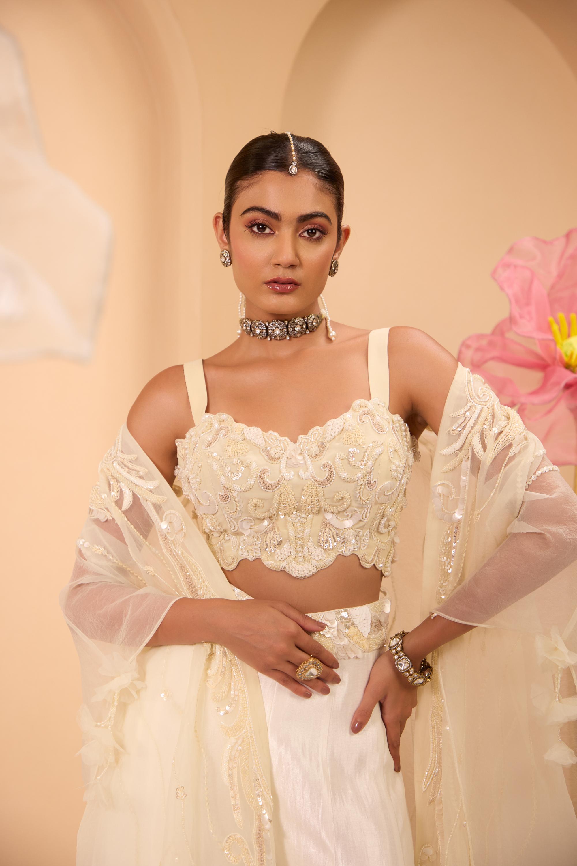 Ivory Hand Embroidered Cape With Blouse & Sharara