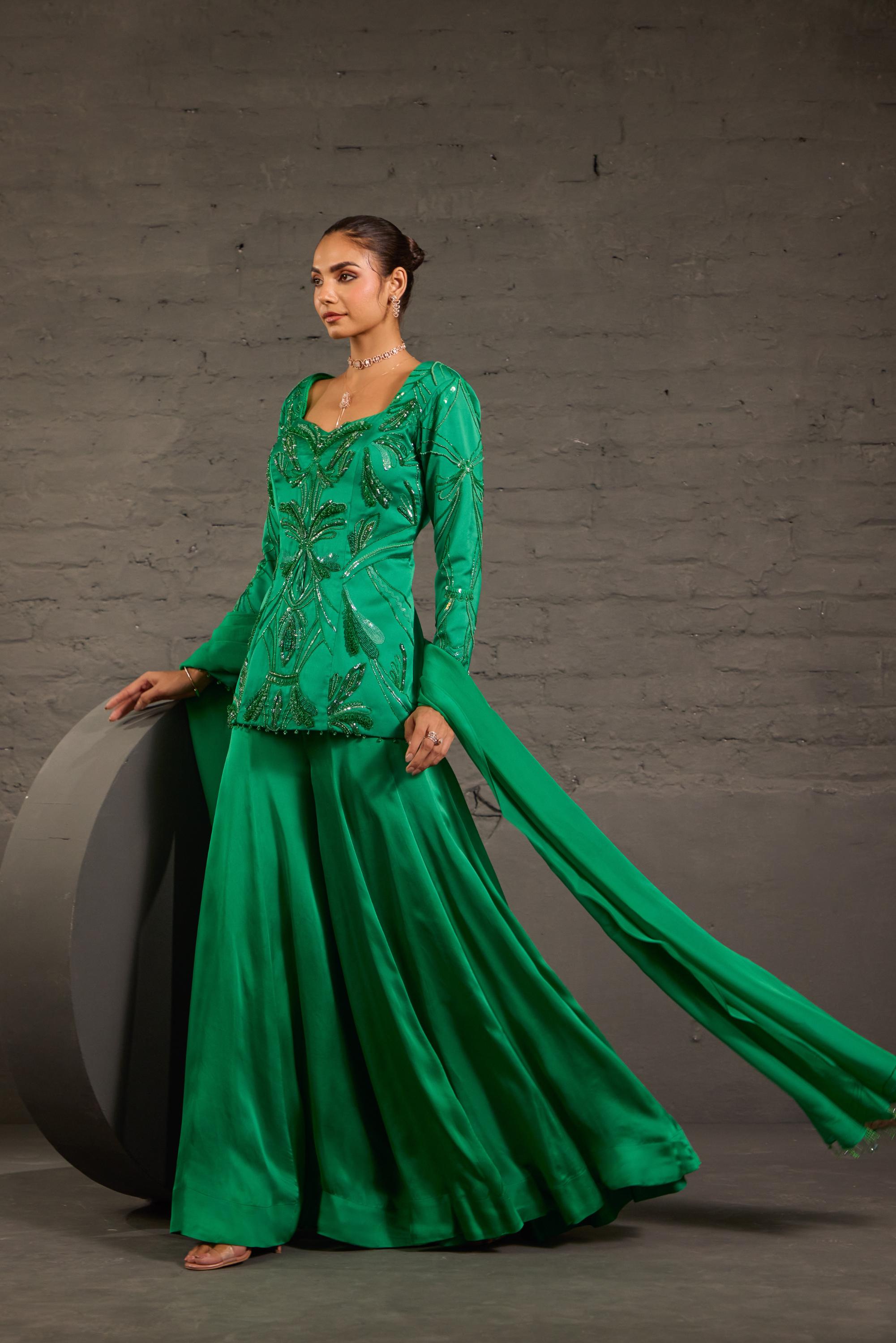 Emerald Green Embroidered Sharara Set