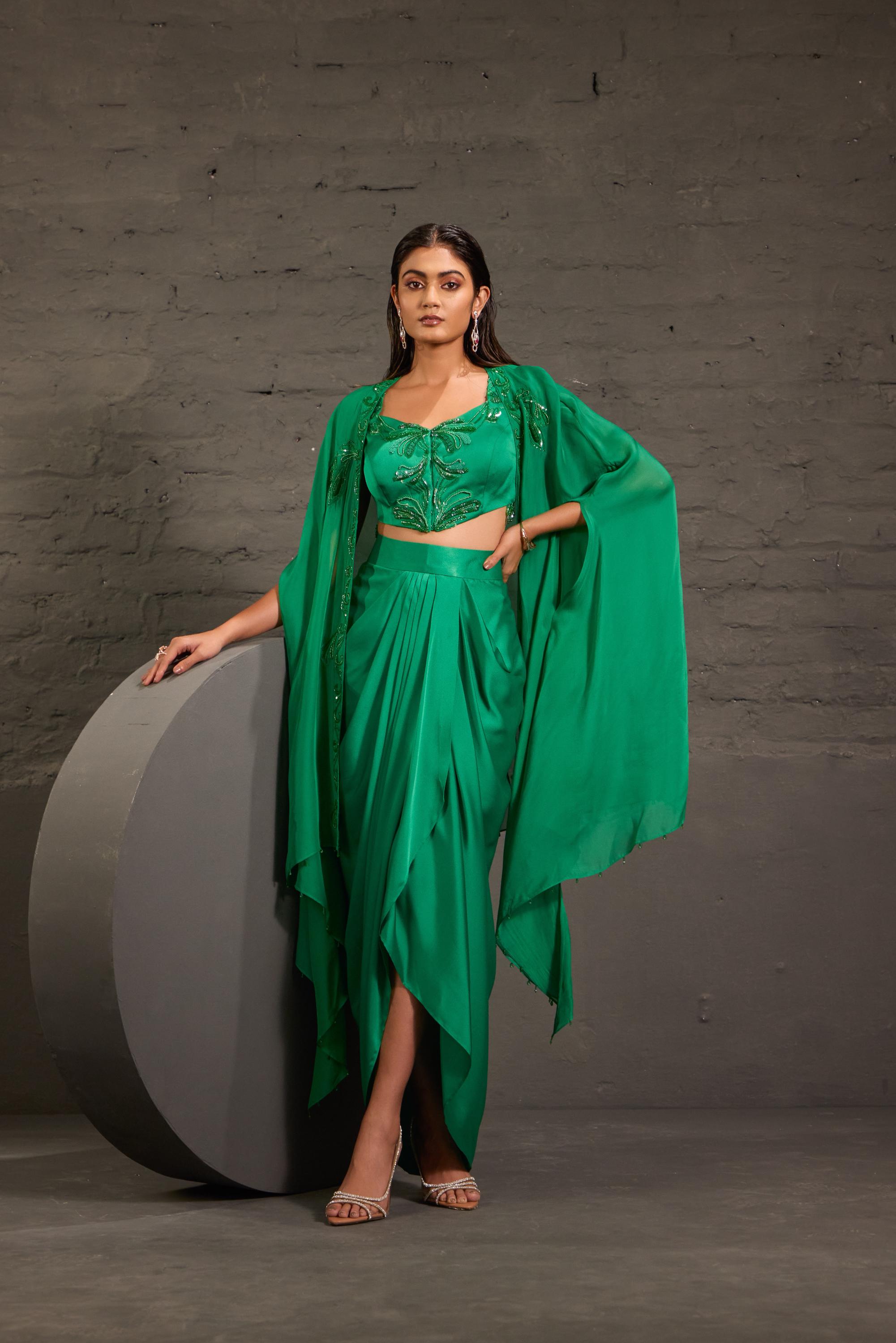 Emarald Green Cape With Asymmetric Drape Skirt And Waistcoat Set
