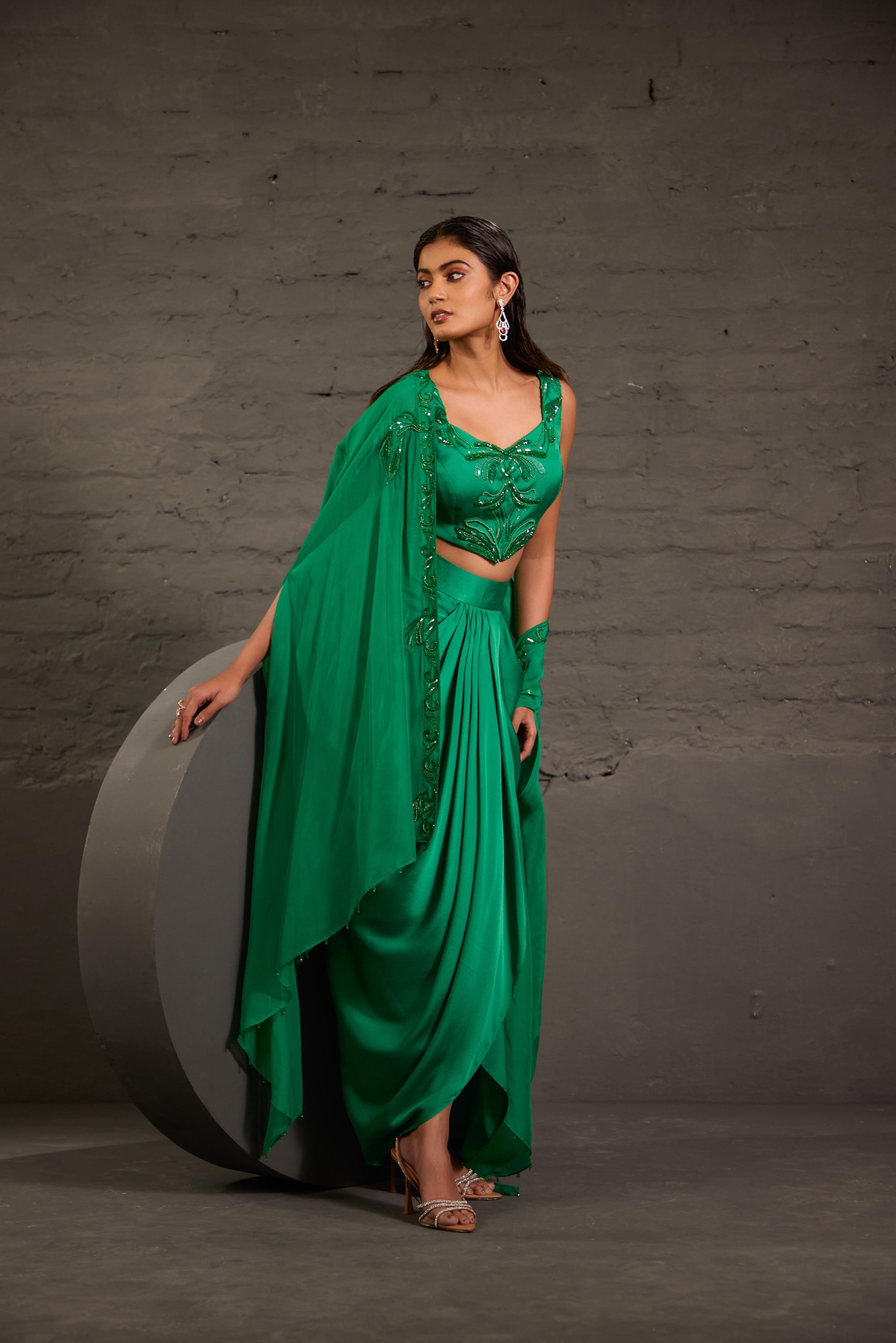 Emarald Green Cape With Asymmetric Drape Skirt And Waistcoat Set
