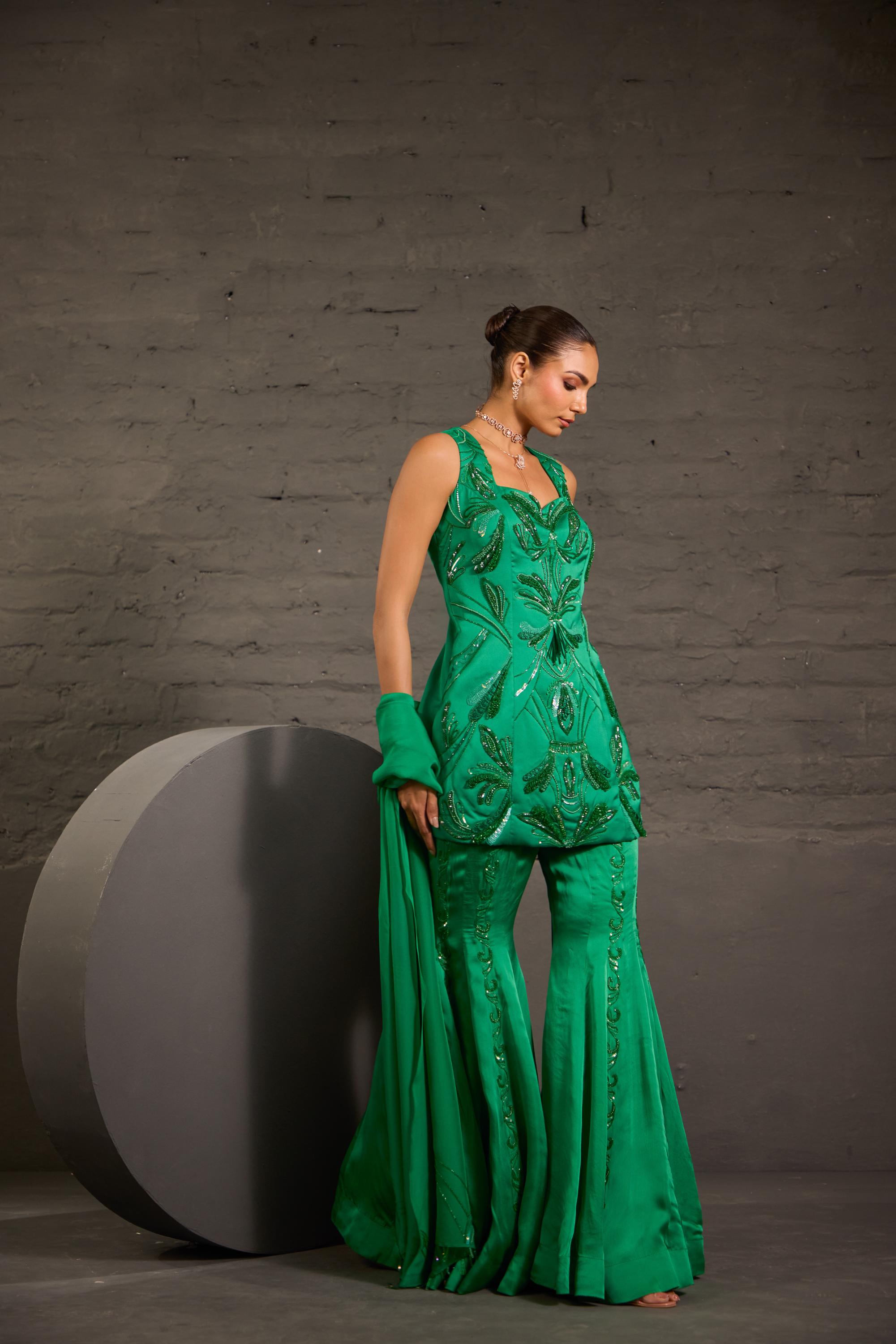 Hand Embroidred Emerald Green Short Tunic With Sharara & Dupatta Set