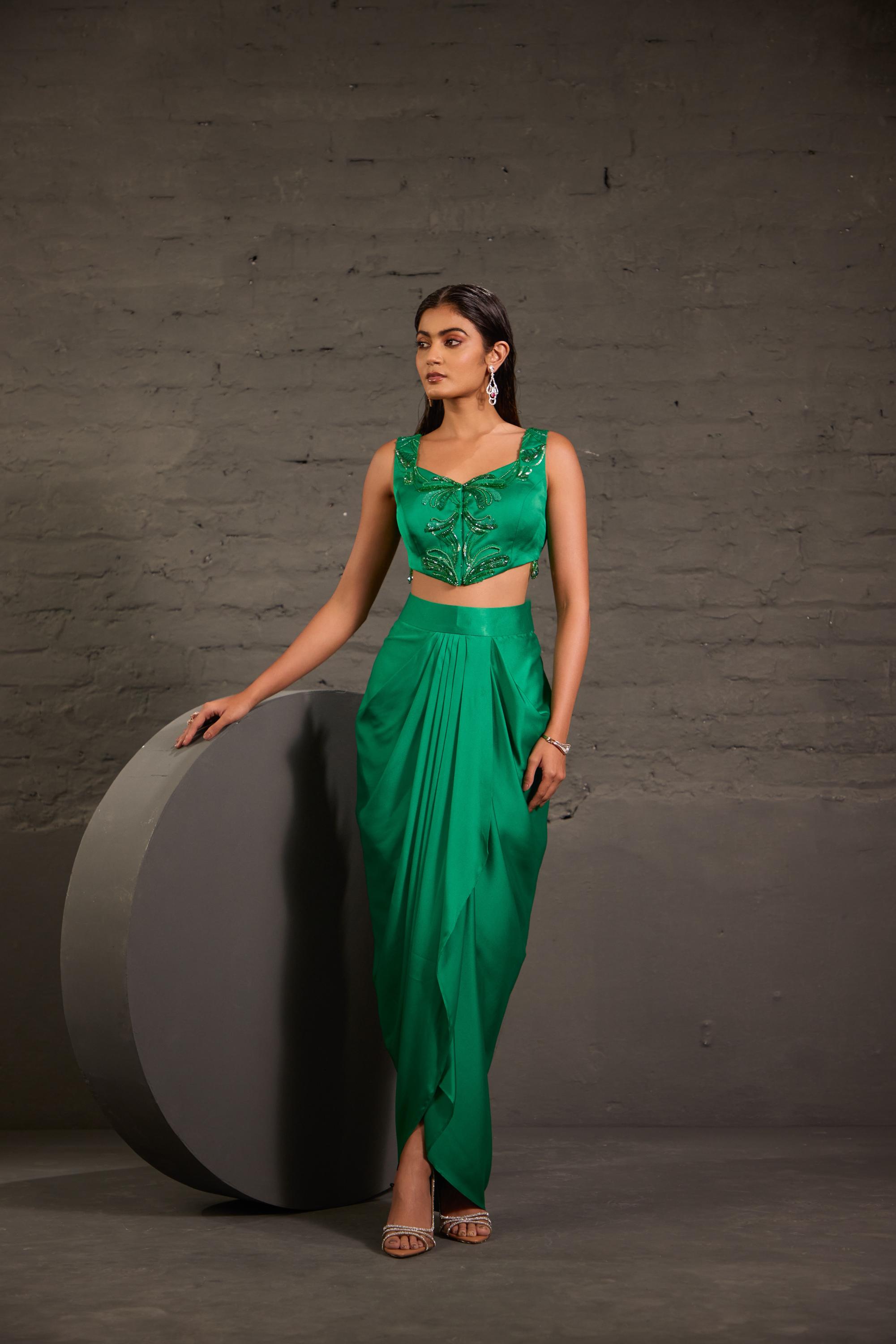 Emarald Green Drape Skirt And Waistcoat Set