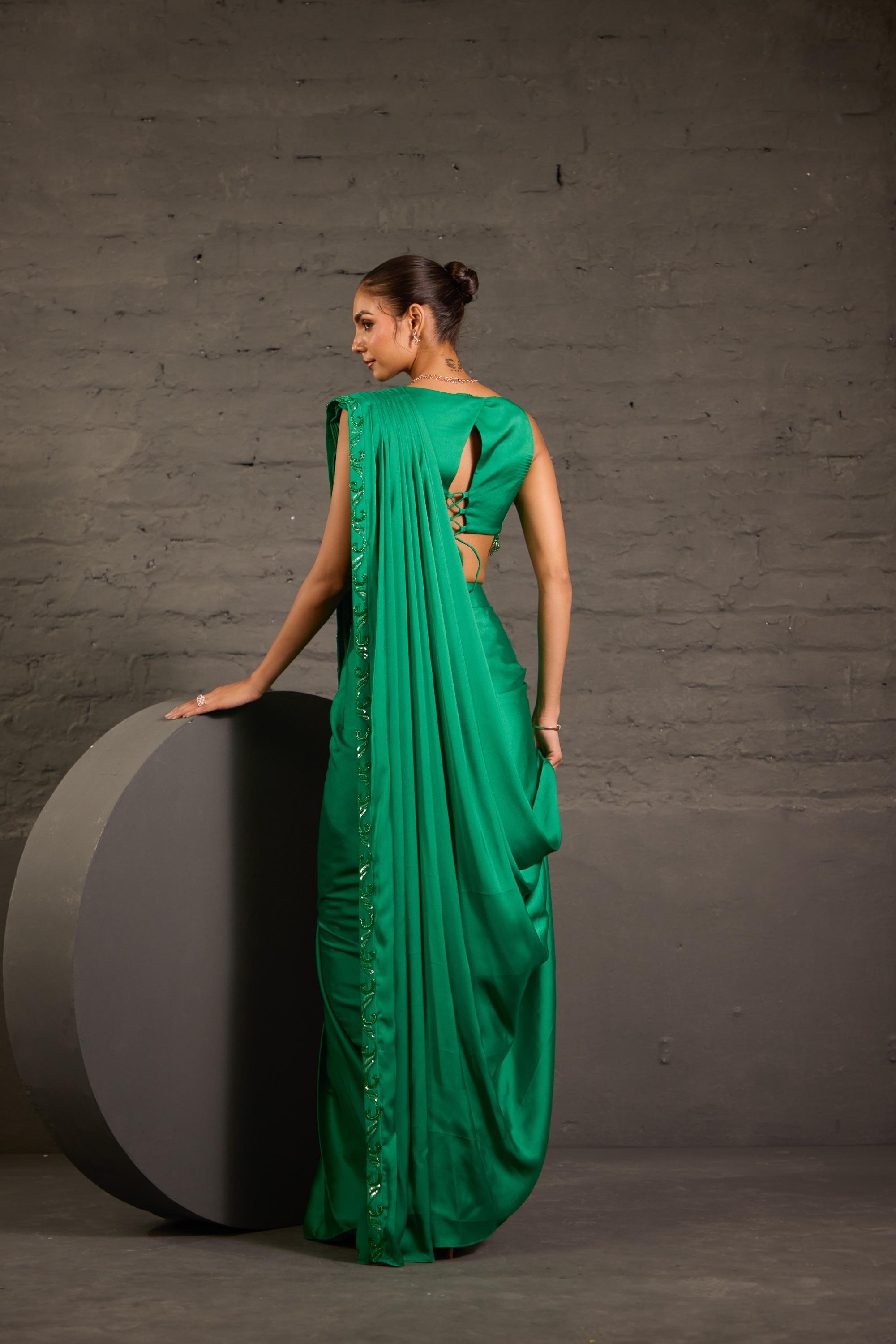 Emerald Green Waistcoat & Drape Saree