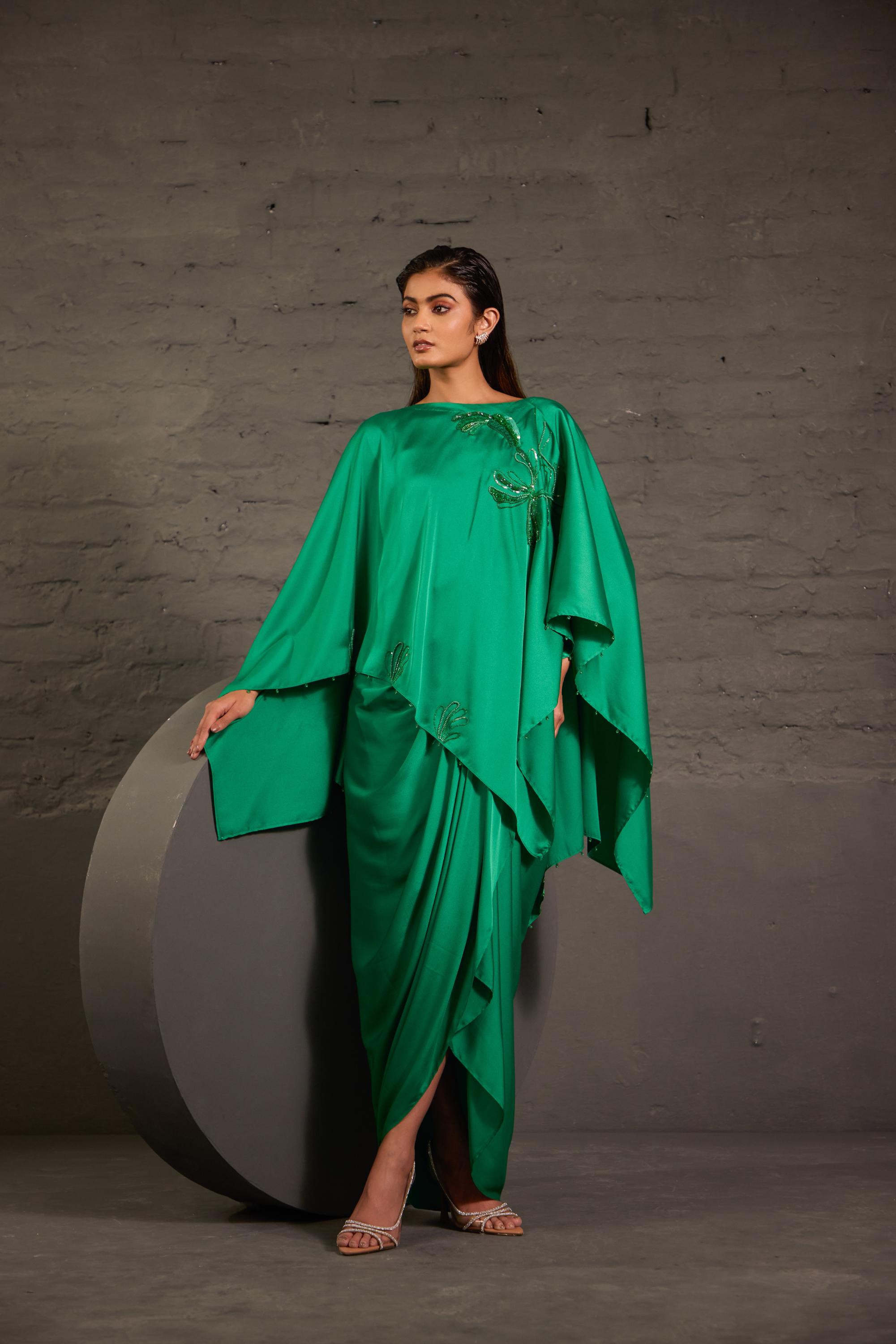 Emerald Green Flowy Kaftaan With Drape Skirt
