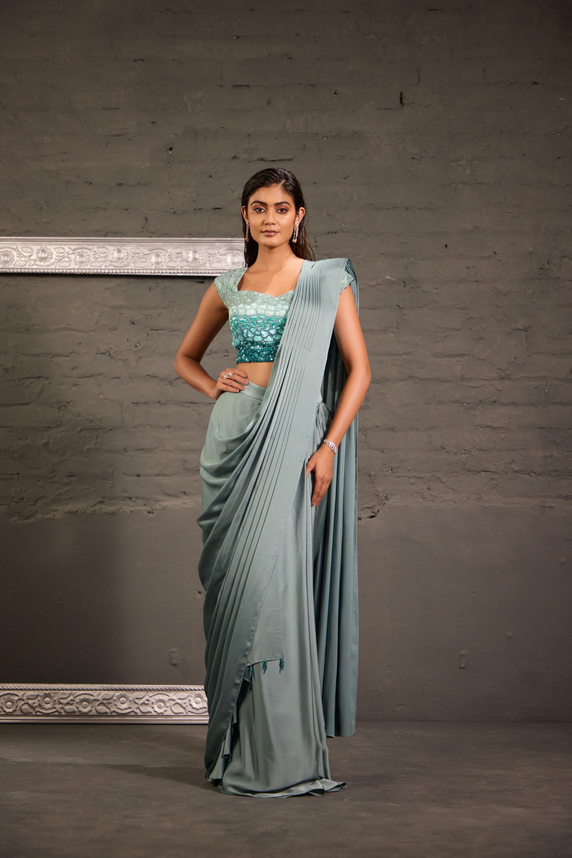 Ombre Sea Green Blouse With Drape Saree