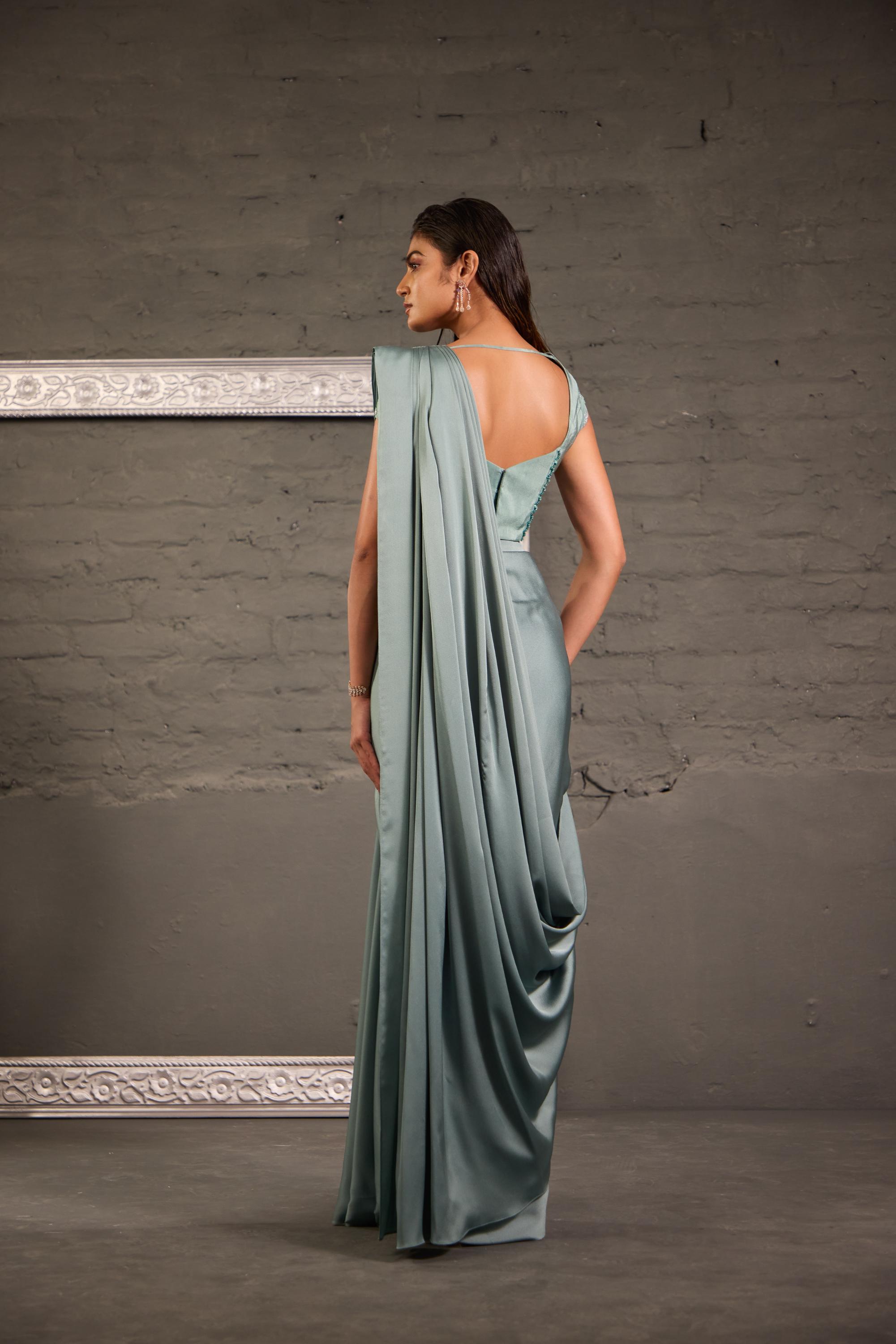 Ombre Sea Green Blouse With Drape Saree