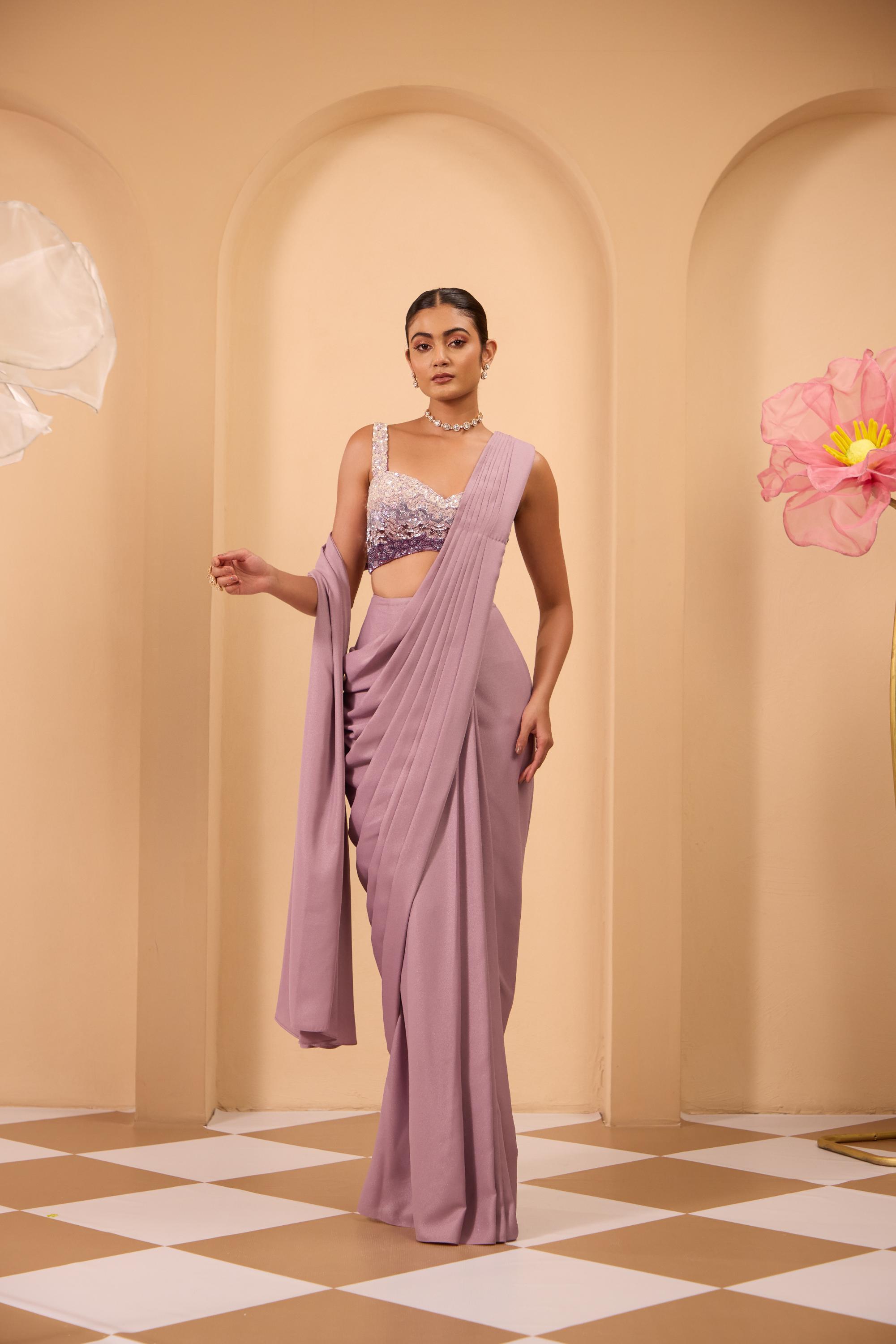 Shaded Hand Embroidered Blouse with Drape Saree