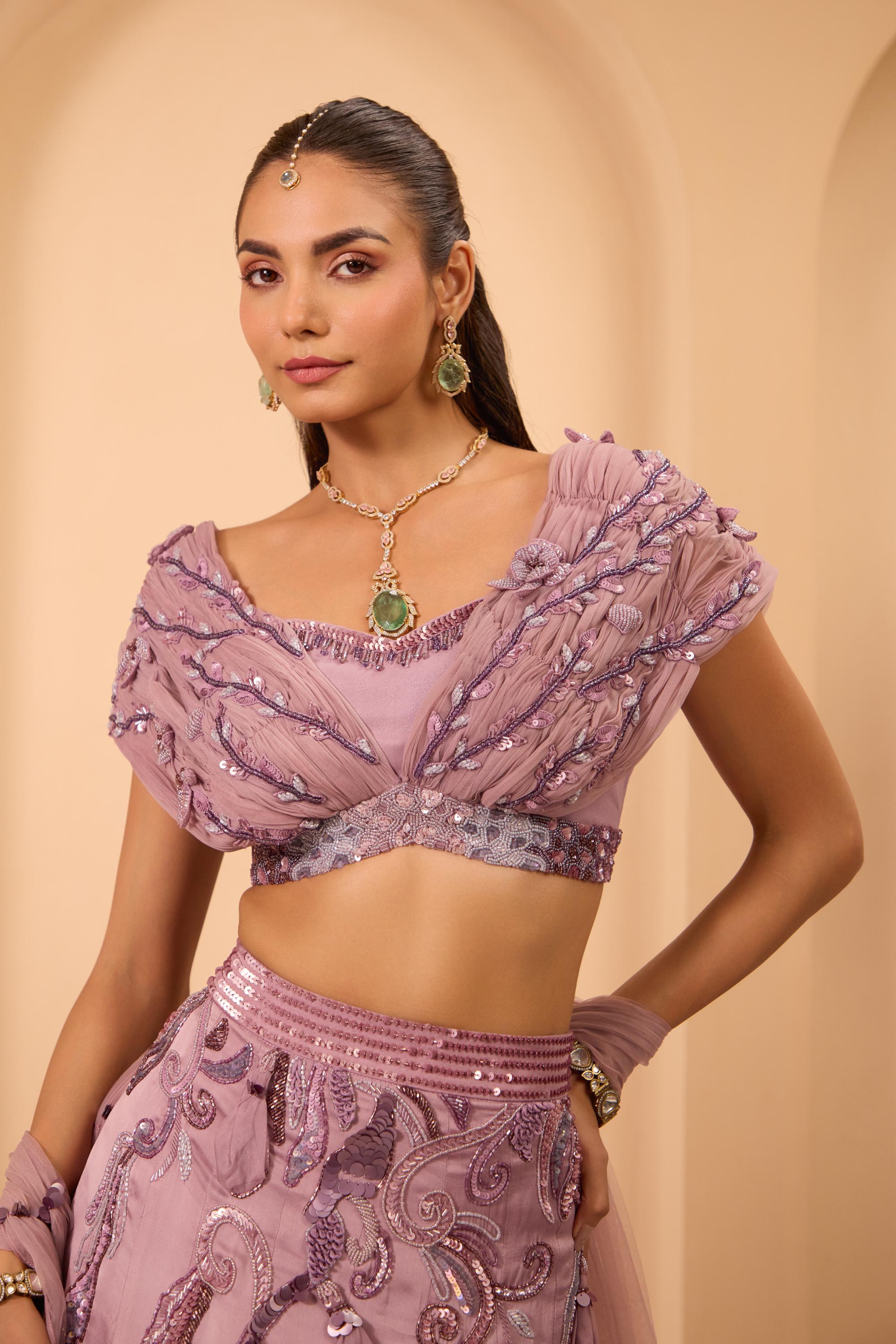 Hand Embroidred Rushed Blouse with Lehenga & Dupatta