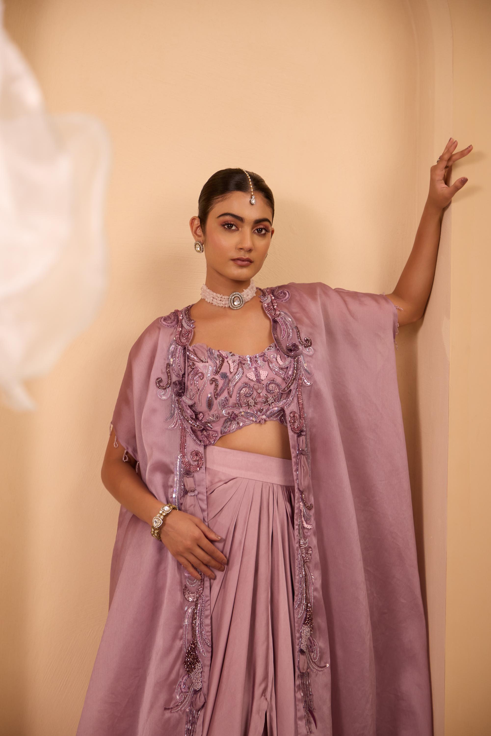 Purple Drape Skirt with Hand Embroidered Cape & Blouse