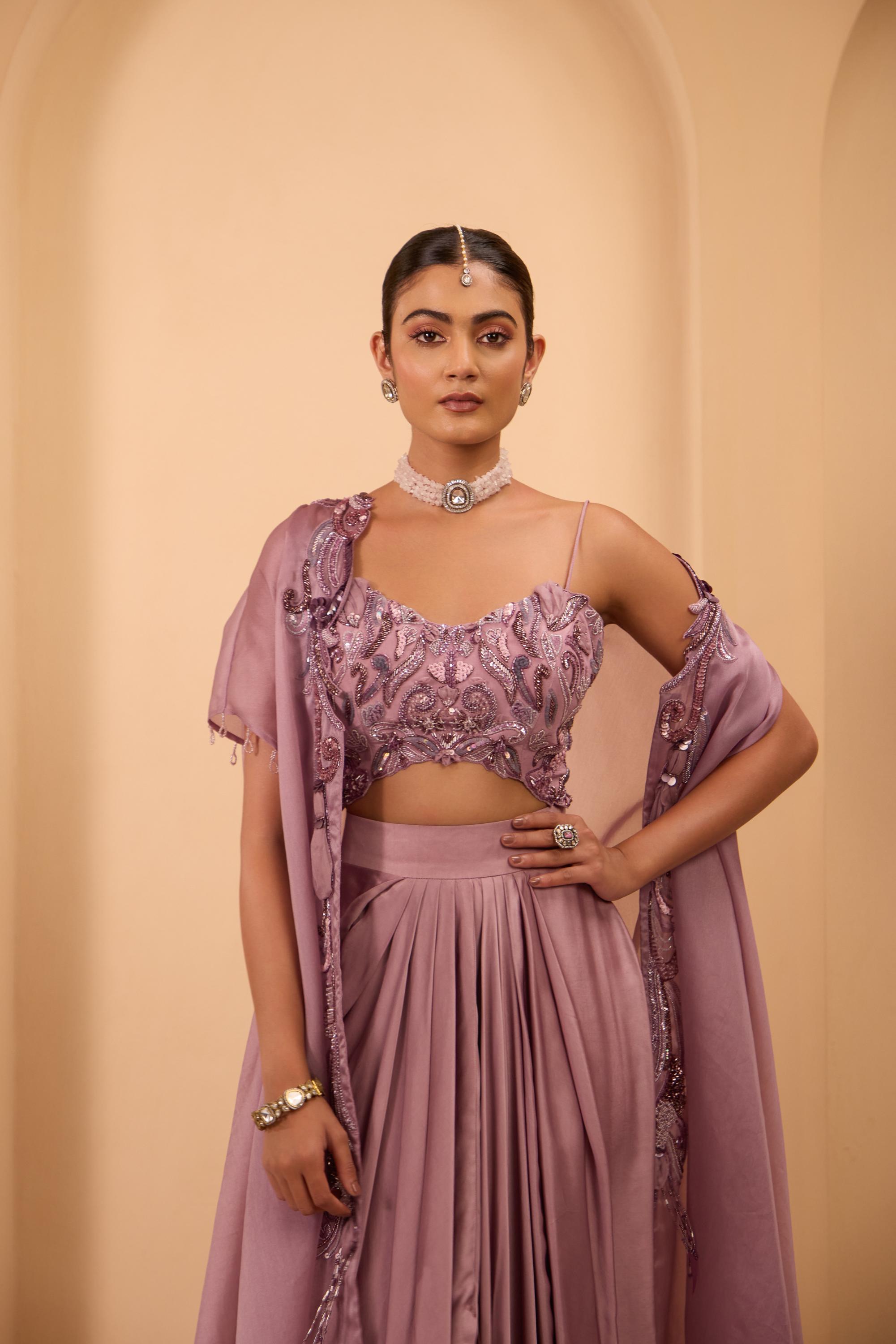 Purple Drape Skirt with Hand Embroidered Cape & Blouse
