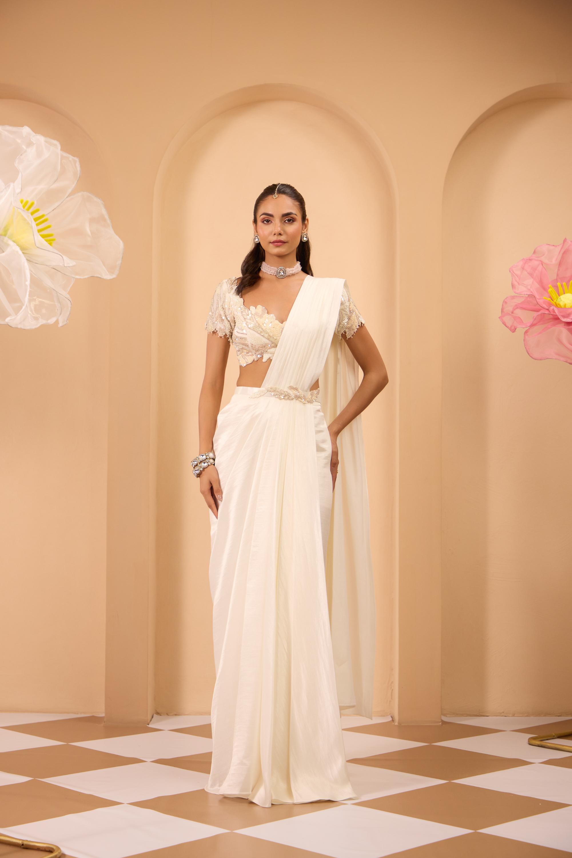 Hand Embroidered Ivory Blouse with Drape Saree