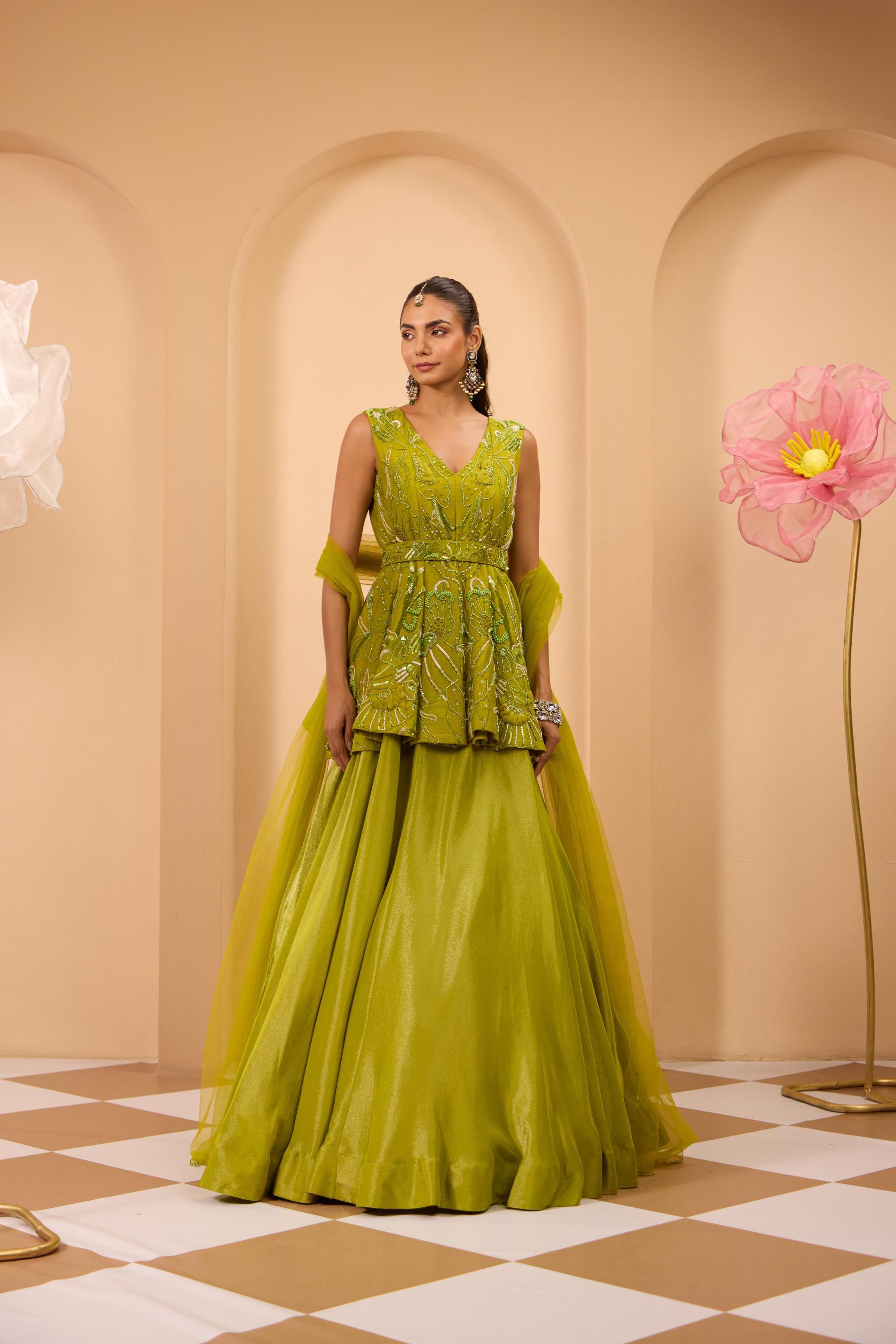 Green Hand Embroidered Peplum W/Lehenga & Dupatta