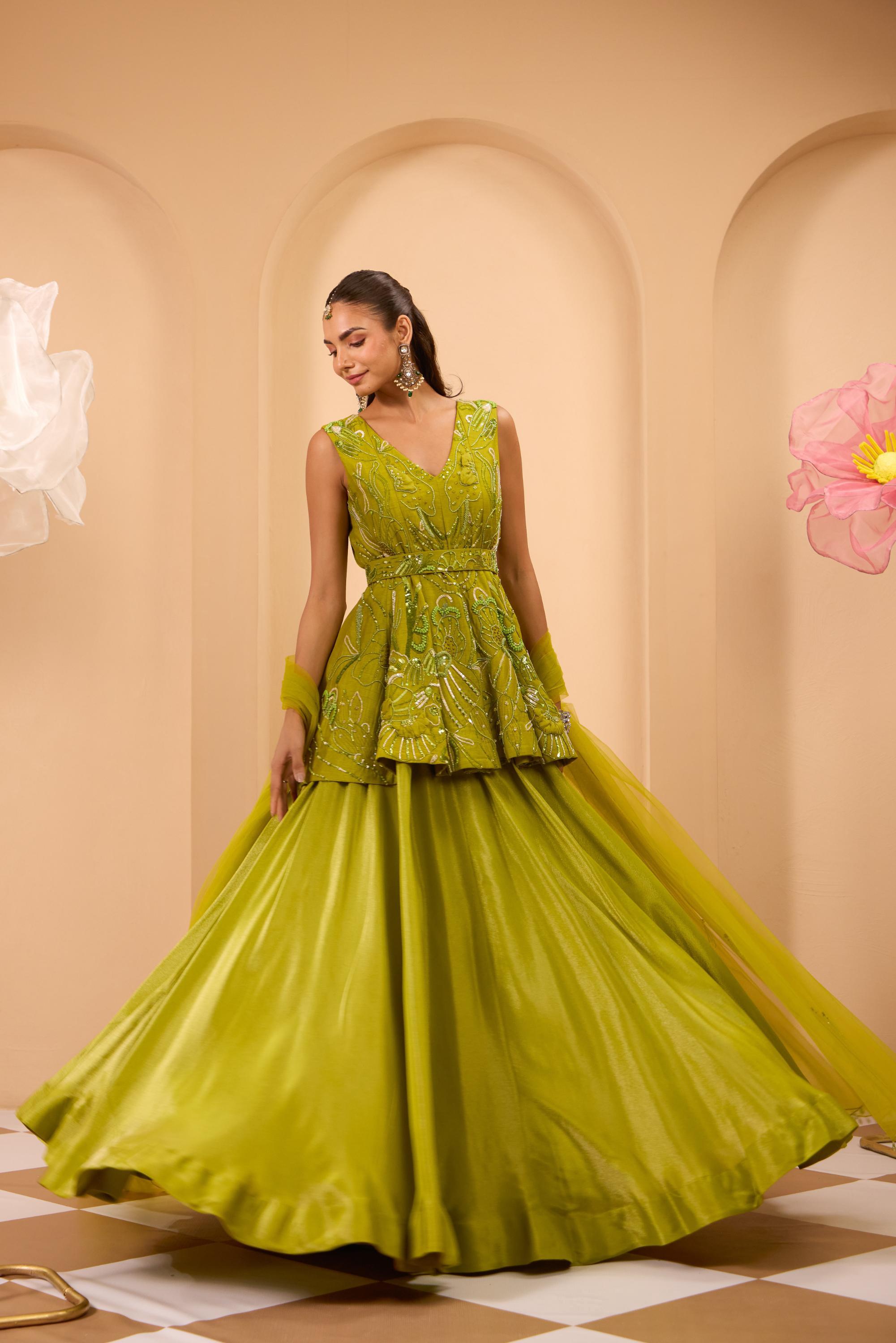 Green Hand Embroidered Peplum W/Lehenga & Dupatta