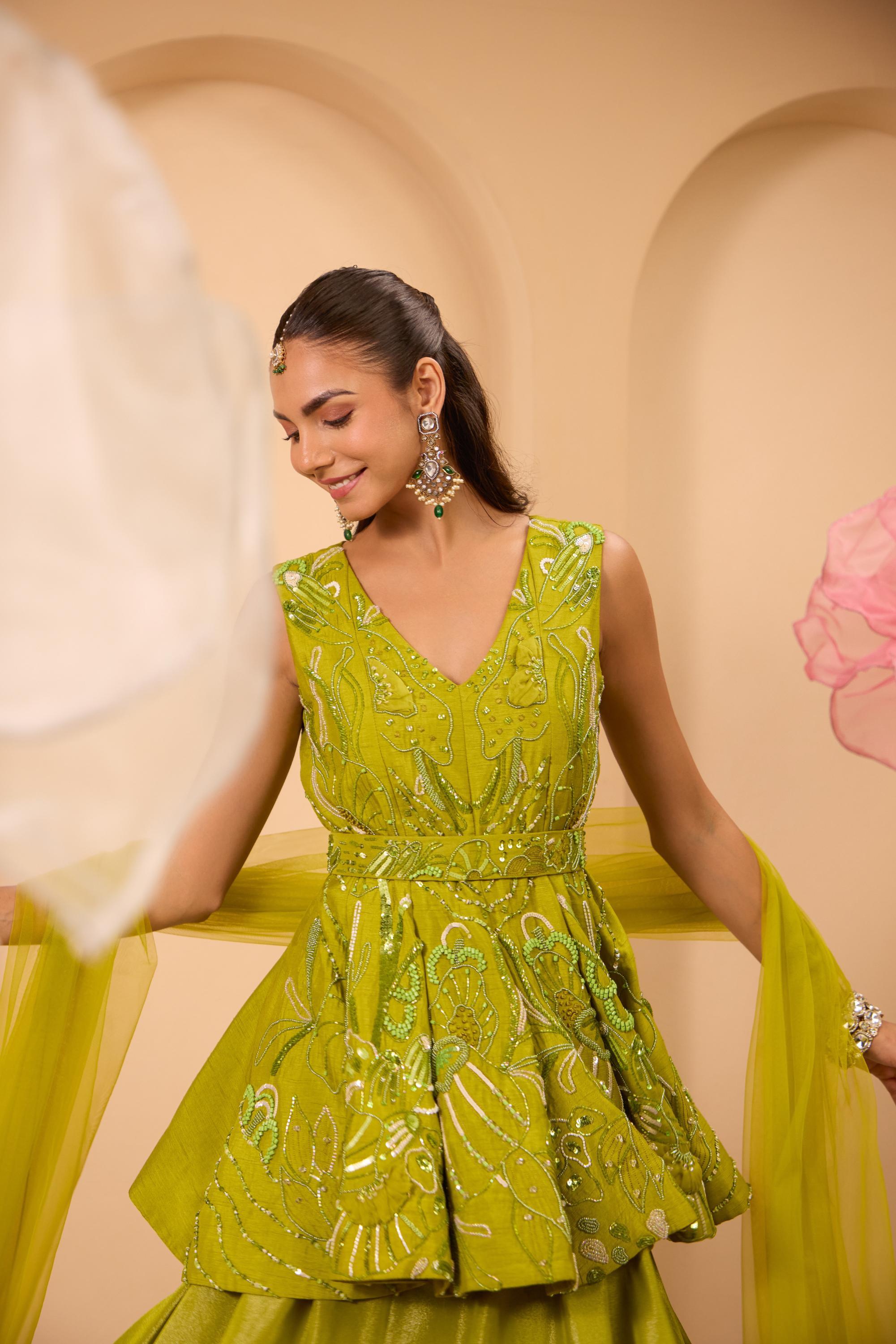 Green Hand Embroidered Peplum W/Lehenga & Dupatta