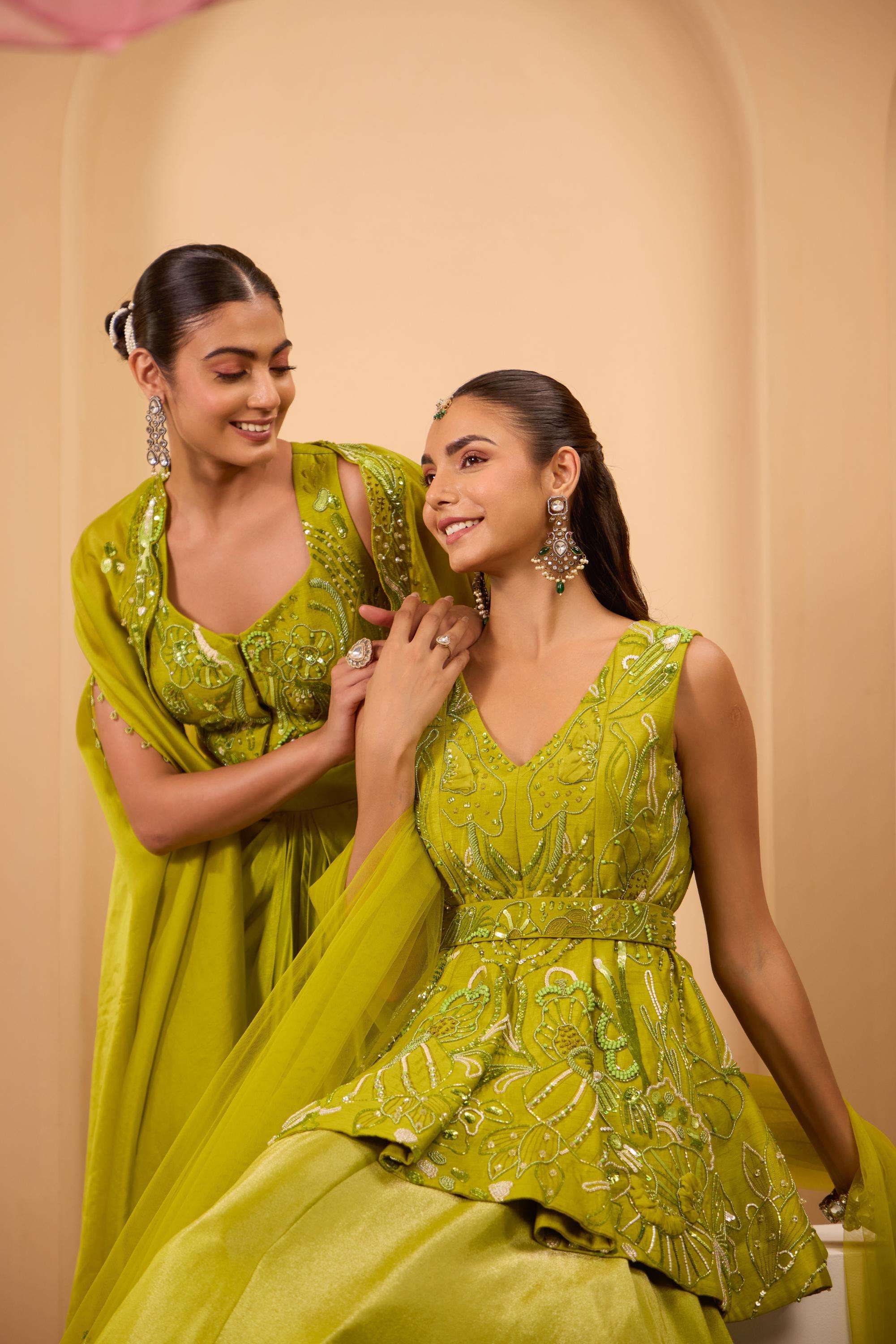 Green Hand Embroidered Peplum W/Lehenga & Dupatta