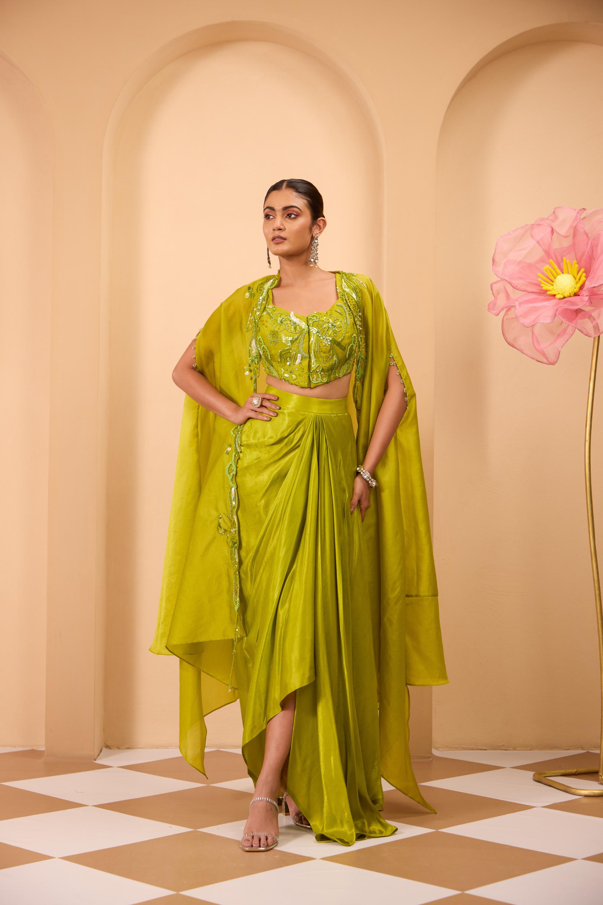 Hand Embroidered Waistcoat with Drape Sareee & Cape