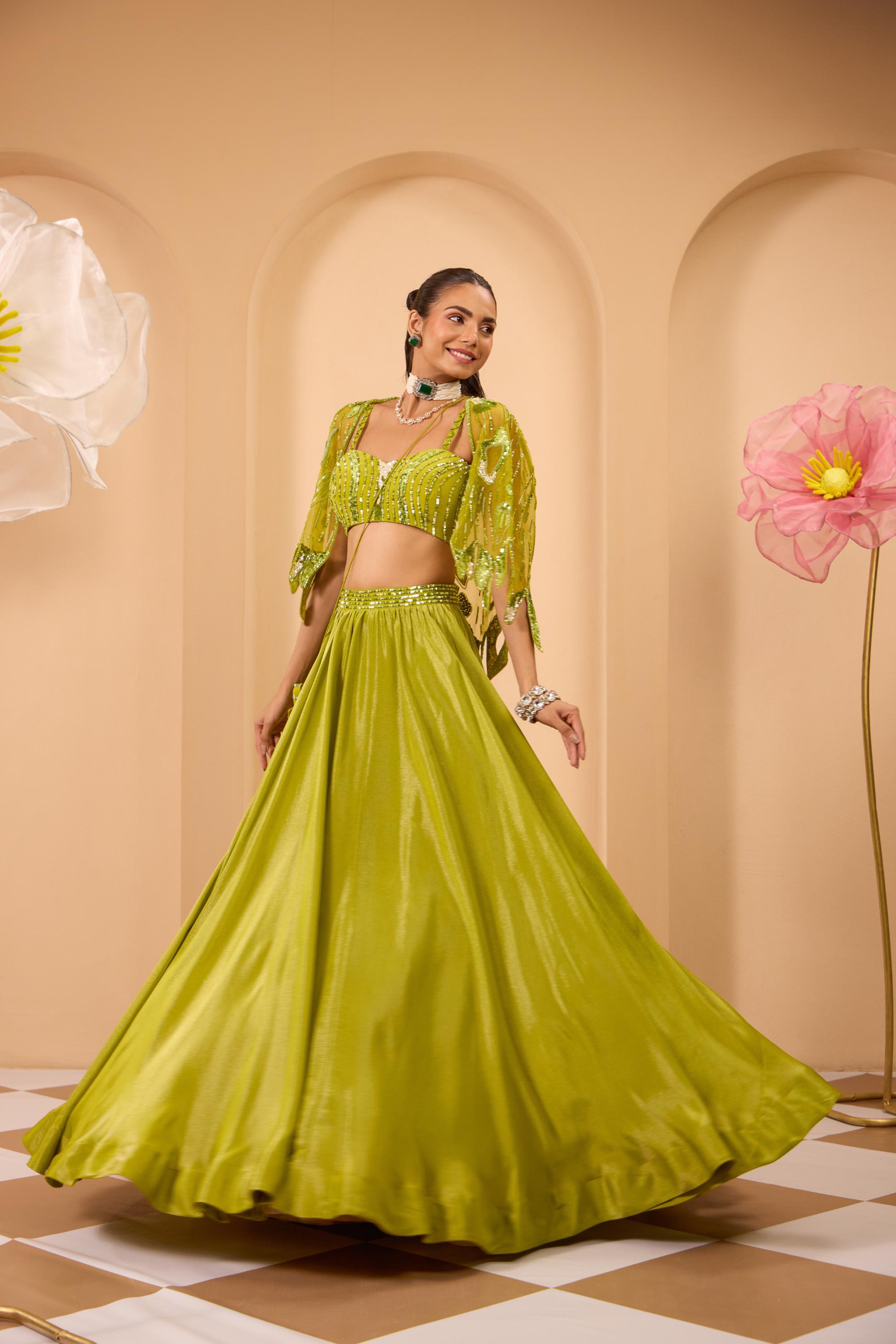 Green Hand Embroidered Blouse W/Lehenga & Dupatta