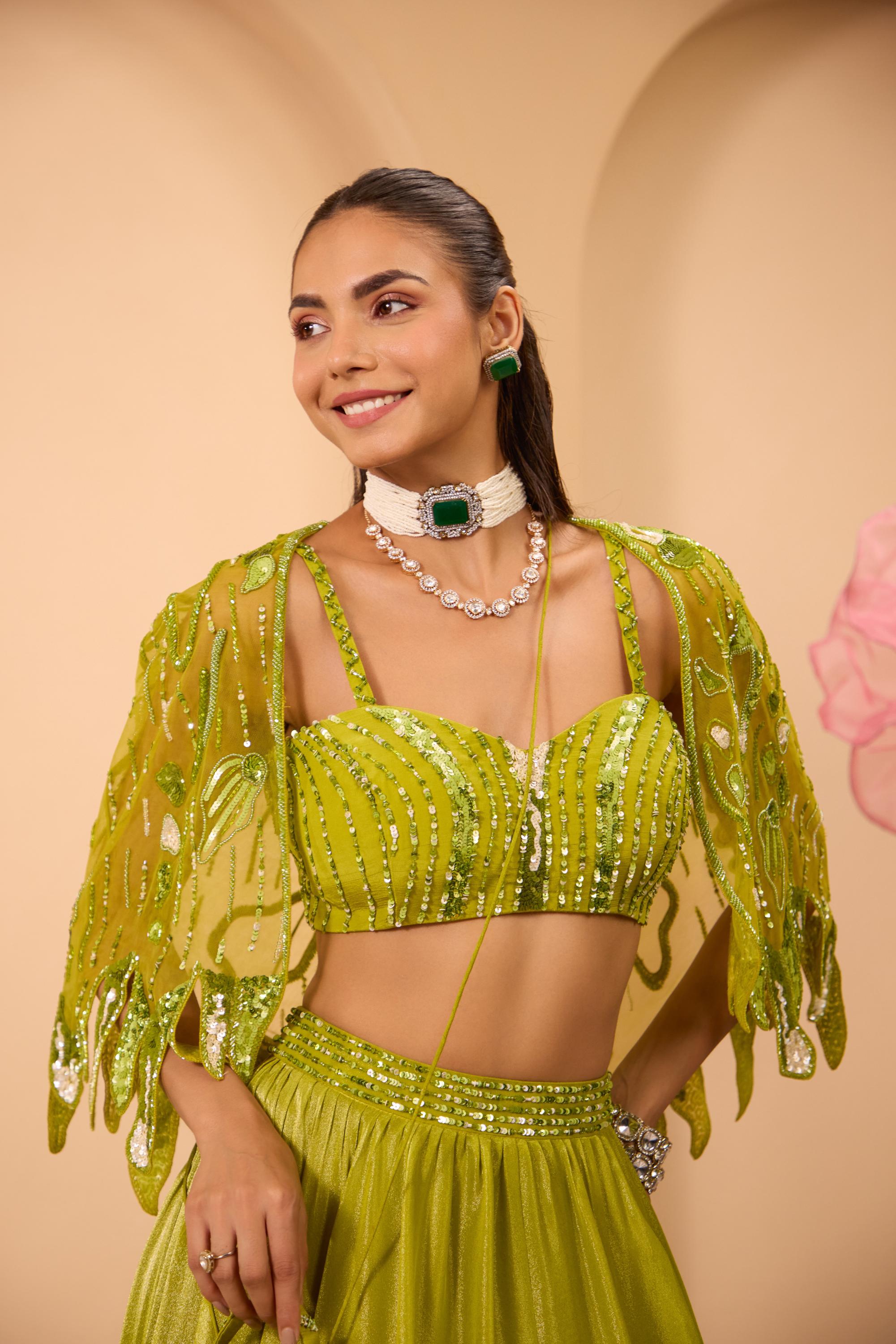 Green Hand Embroidered Blouse W/Lehenga & Dupatta