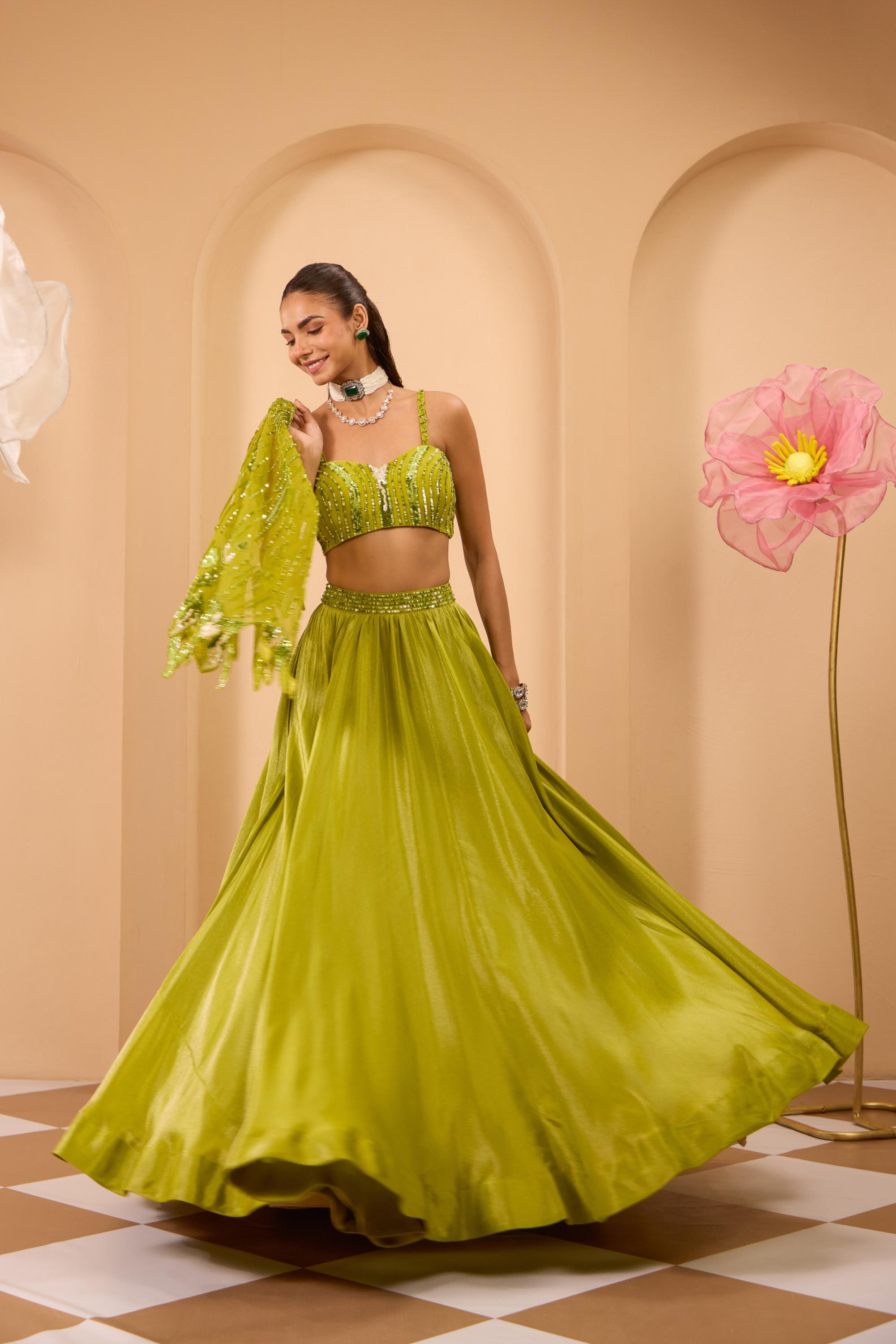 Green Hand Embroidered Blouse W/Lehenga & Dupatta