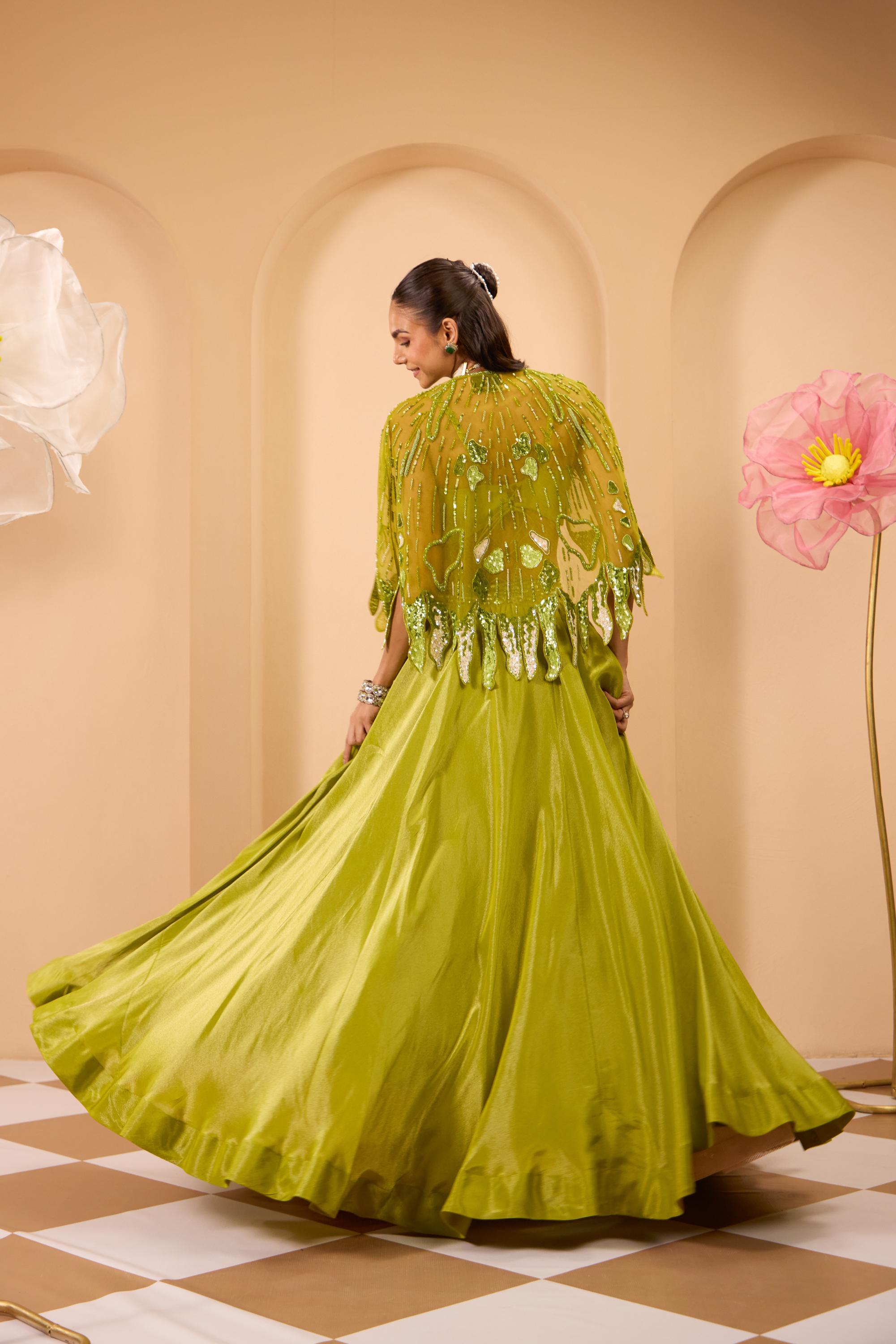 Green Hand Embroidered Blouse W/Lehenga & Dupatta
