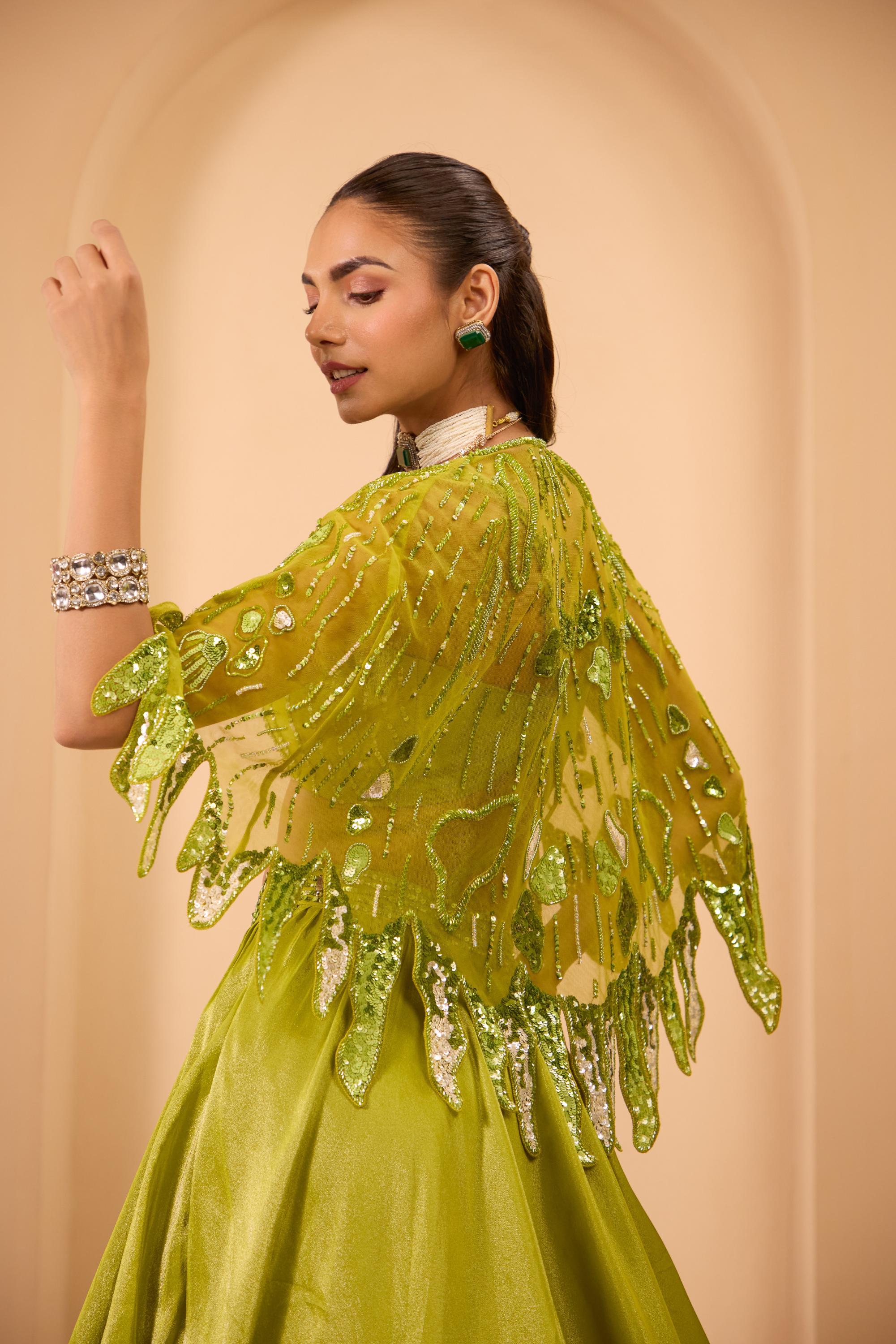 Green Hand Embroidered Blouse W/Lehenga & Dupatta