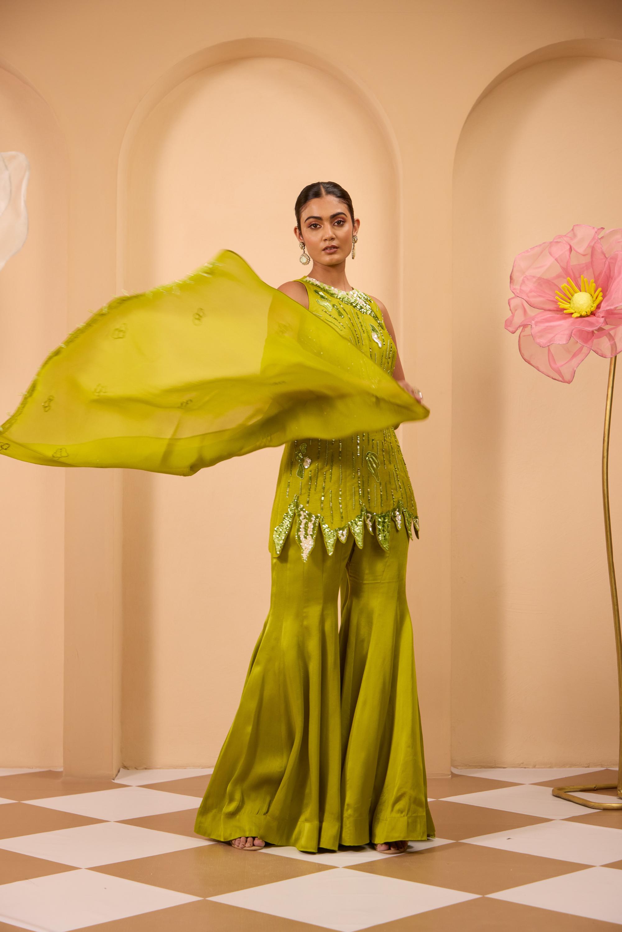 Green Heavy Embroidered Tunic with Sharara & Flowy Dupatta