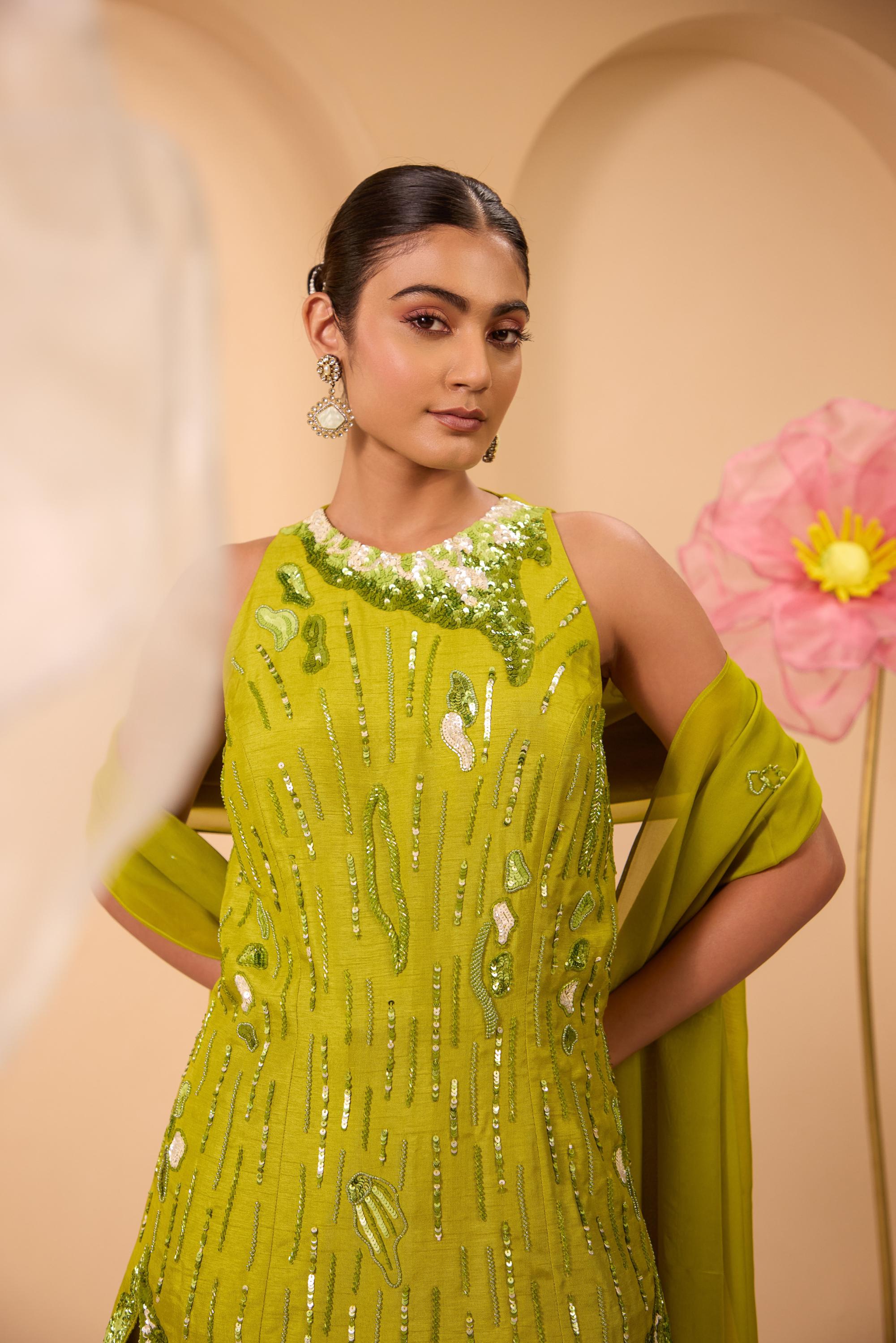 Green Heavy Embroidered Tunic with Sharara & Flowy Dupatta