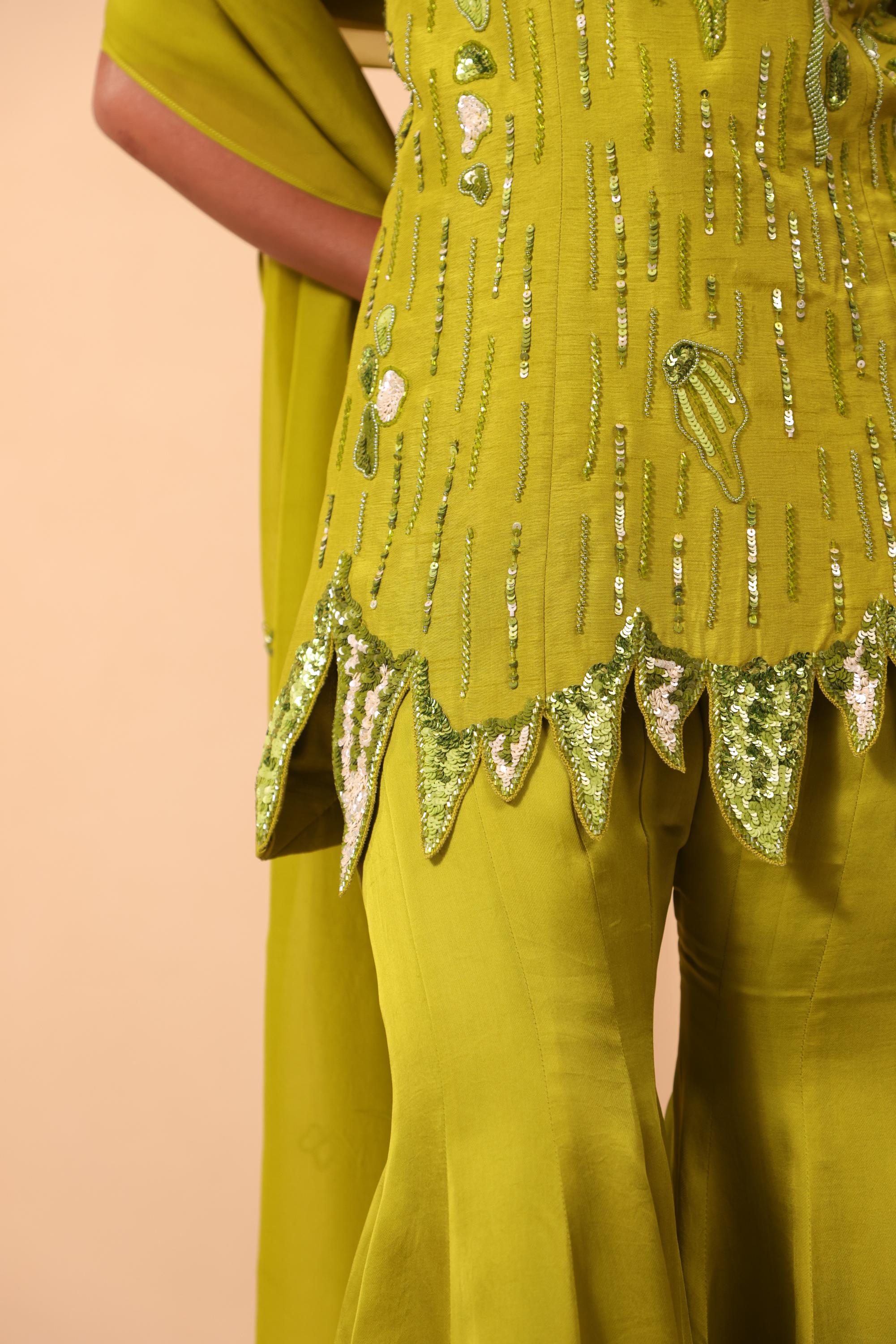 Green Heavy Embroidered Tunic with Sharara & Flowy Dupatta