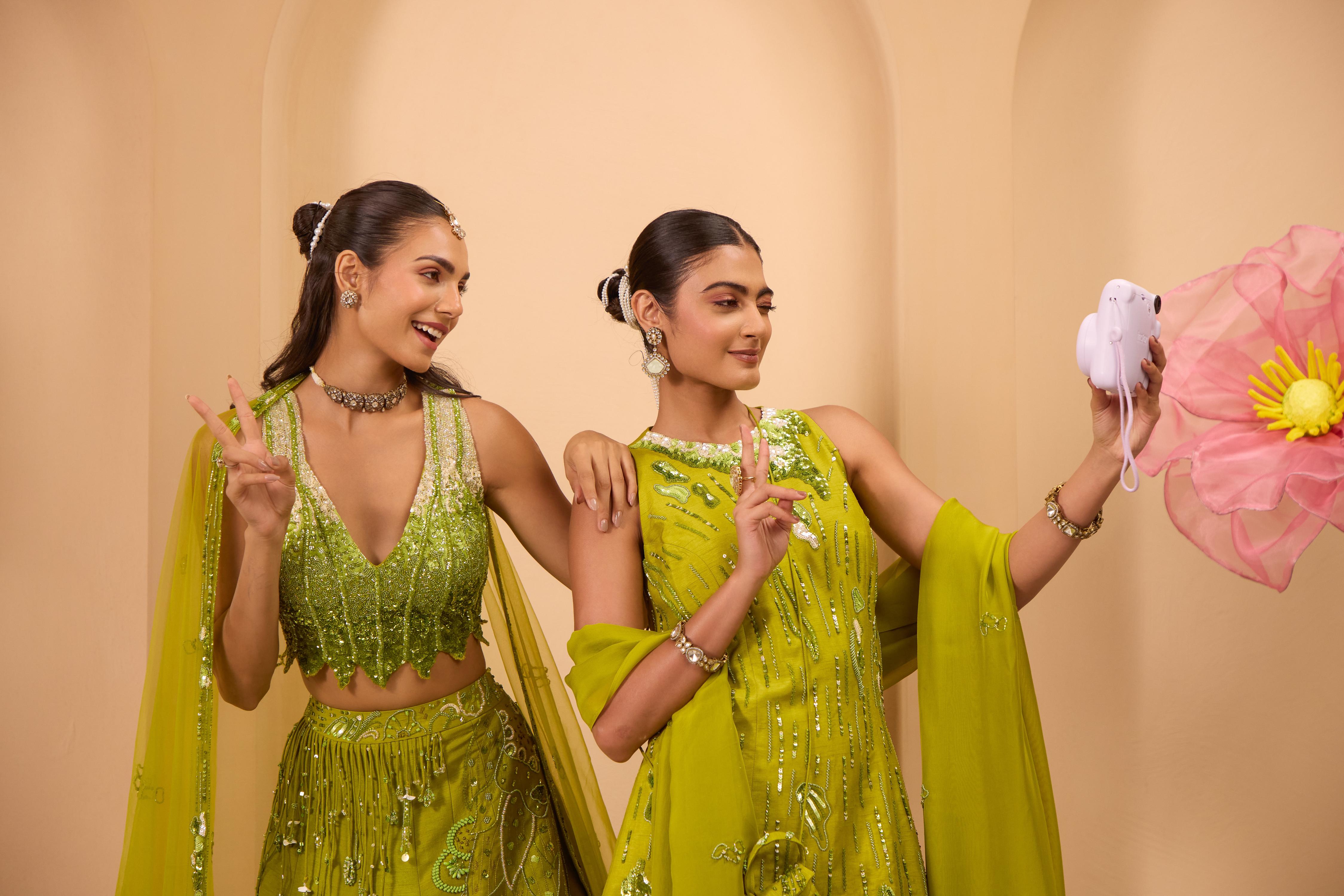 Hand Embroidered  V Neckline Blouse with Lehenga & Dupatta