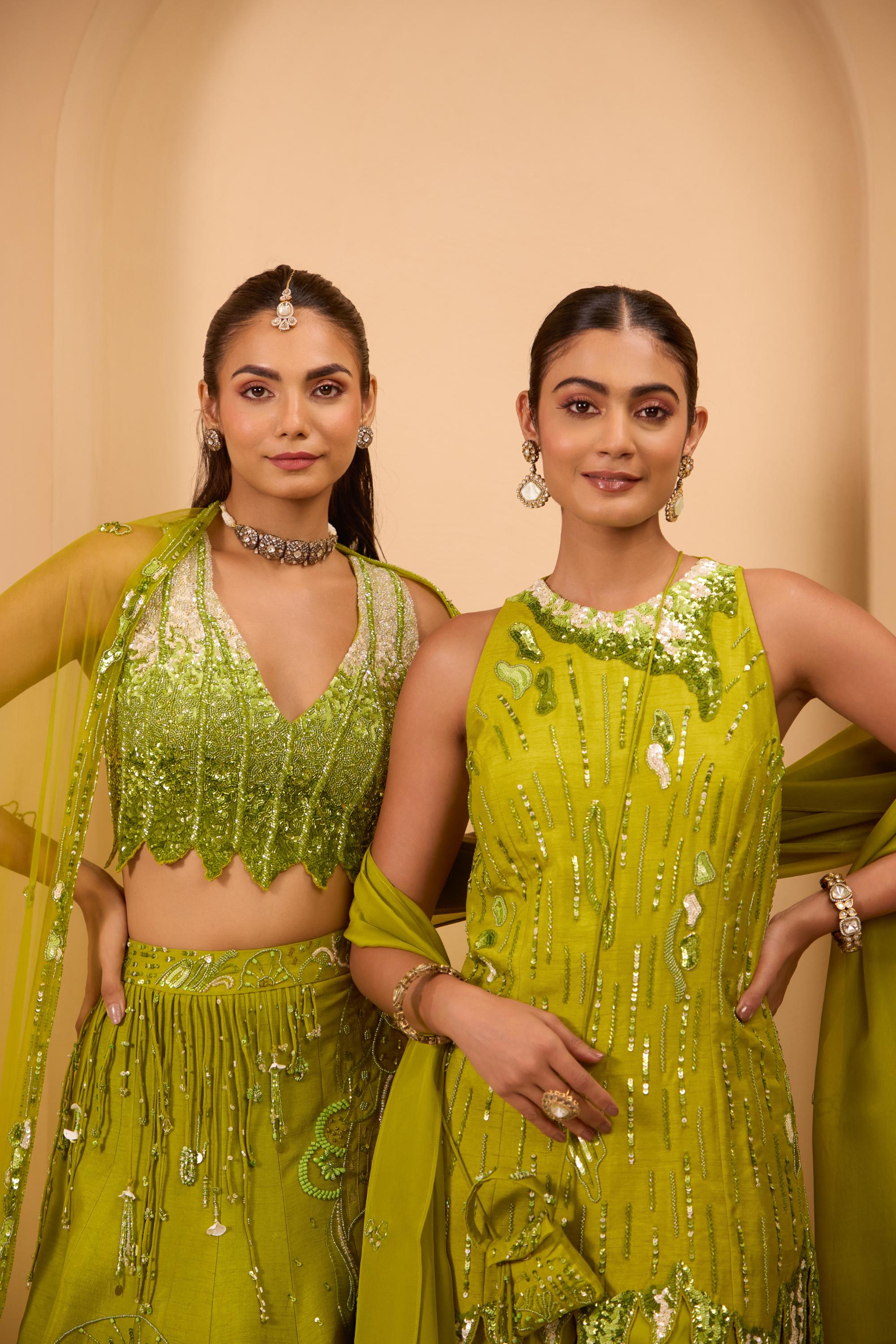 Hand Embroidered V Neckline Blouse with Lehenga & Dupatta