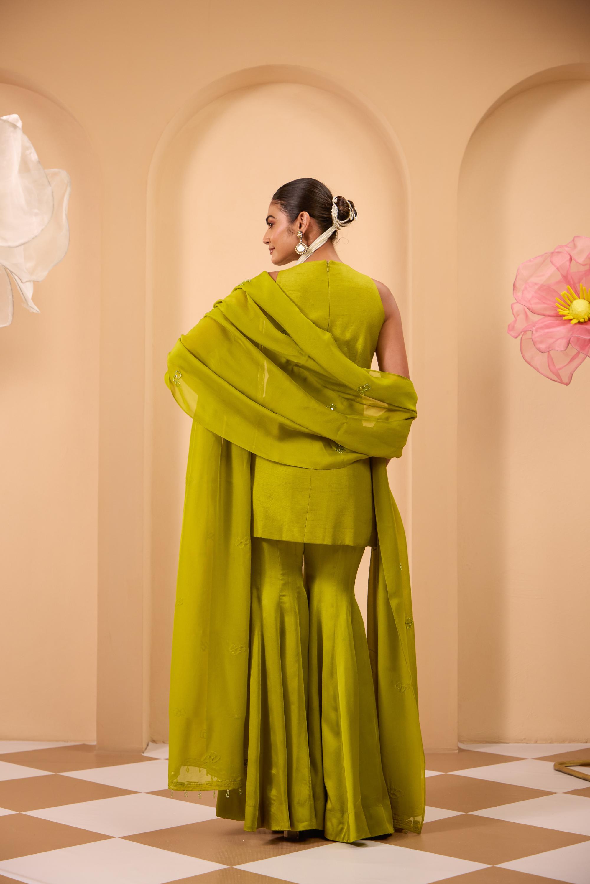 Green Heavy Embroidered Tunic with Sharara & Flowy Dupatta