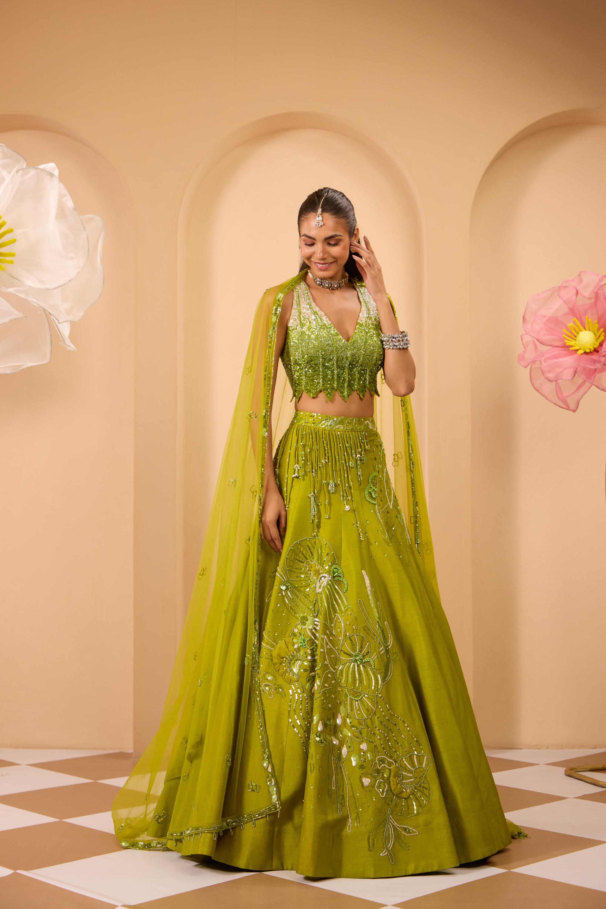 Hand Embroidered  V Neckline Blouse with Lehenga & Dupatta