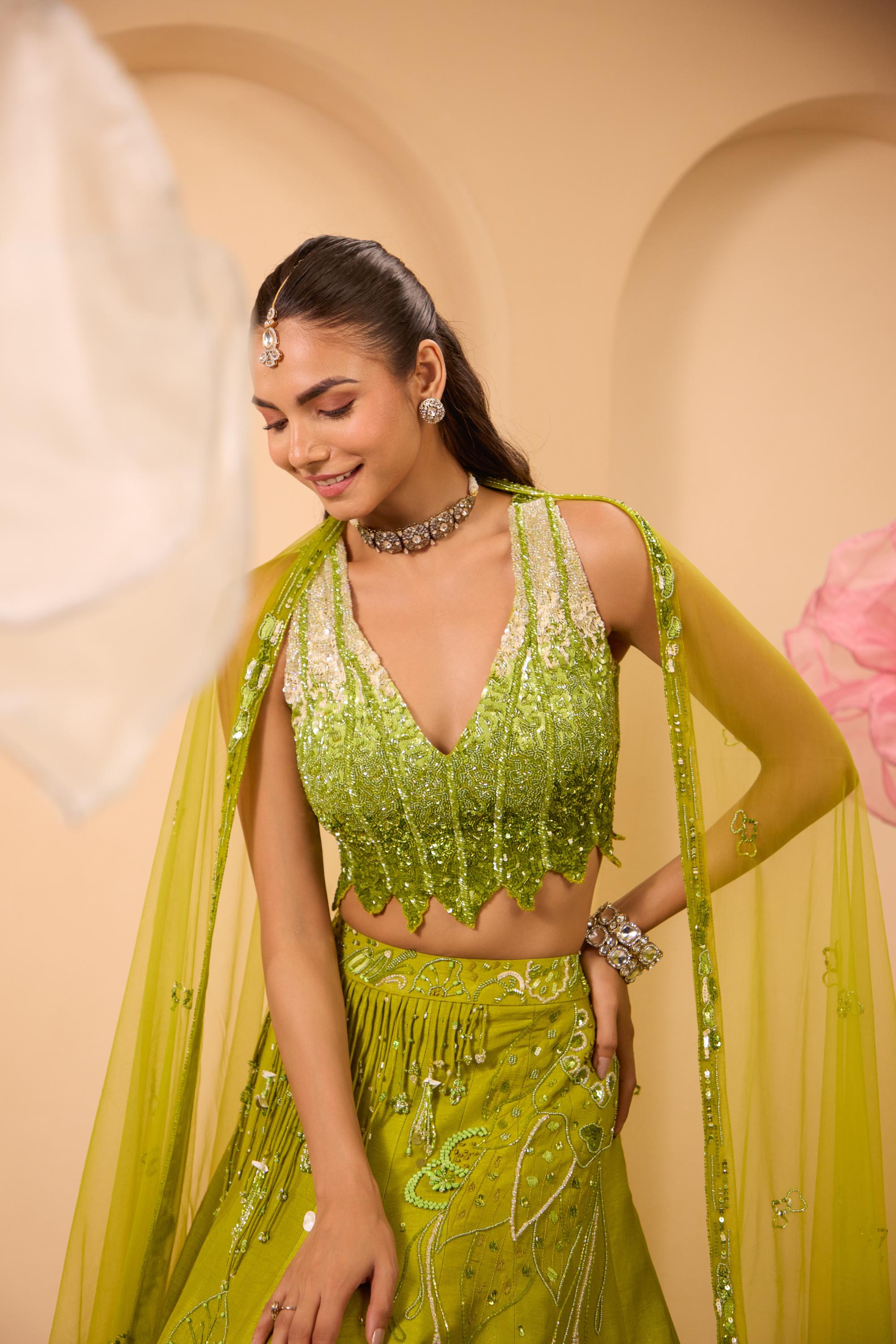 Hand Embroidered V Neckline Blouse with Lehenga & Dupatta