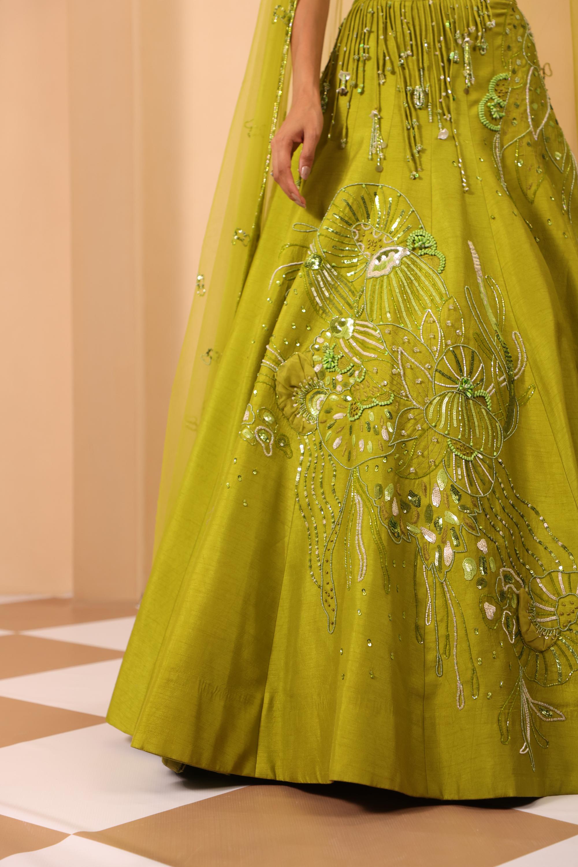 Hand Embroidered  V Neckline Blouse with Lehenga & Dupatta