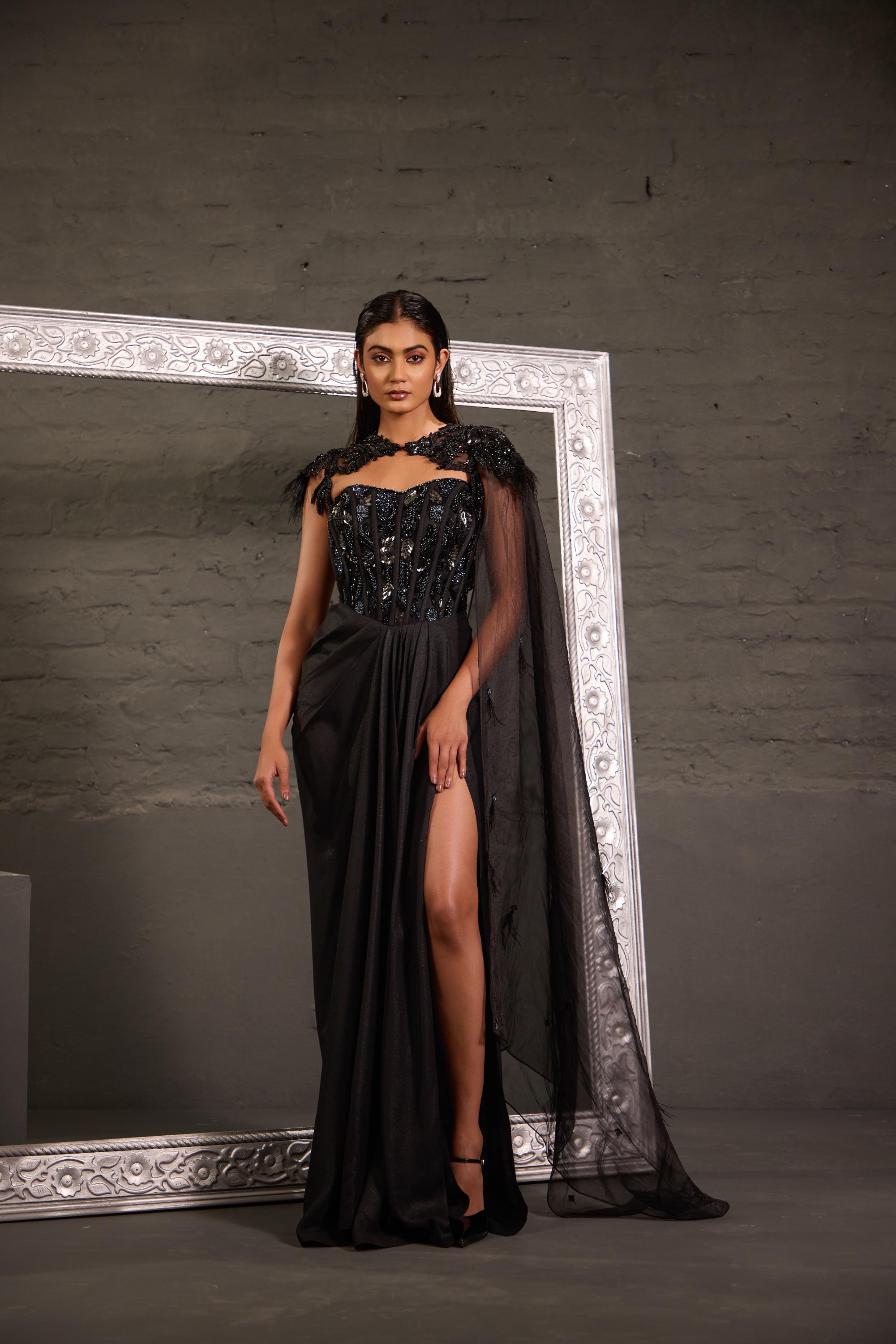 Metallic Corset Gown With Detachable Shoulder Cape