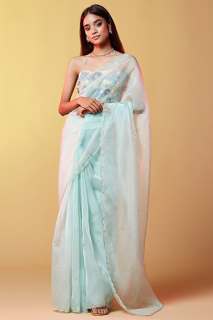 Blue Silk Organza Hand Embroidered Saree