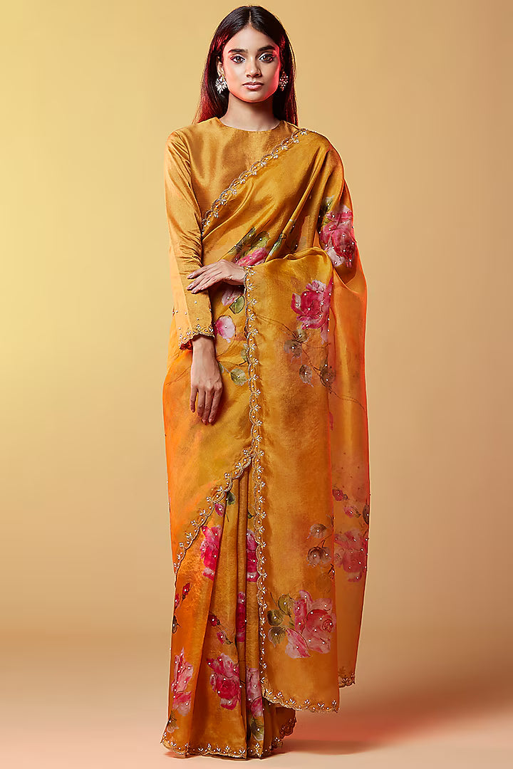 Mustard Silk Organza Floral Printed Handmade Saree Set