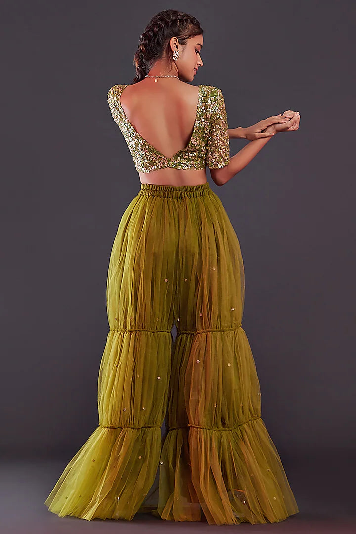 Olive Green Hand Embroidered Sharara Pants