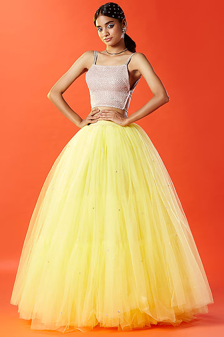 Lemon Yellow Tulle Hand Embroidered Lehenga