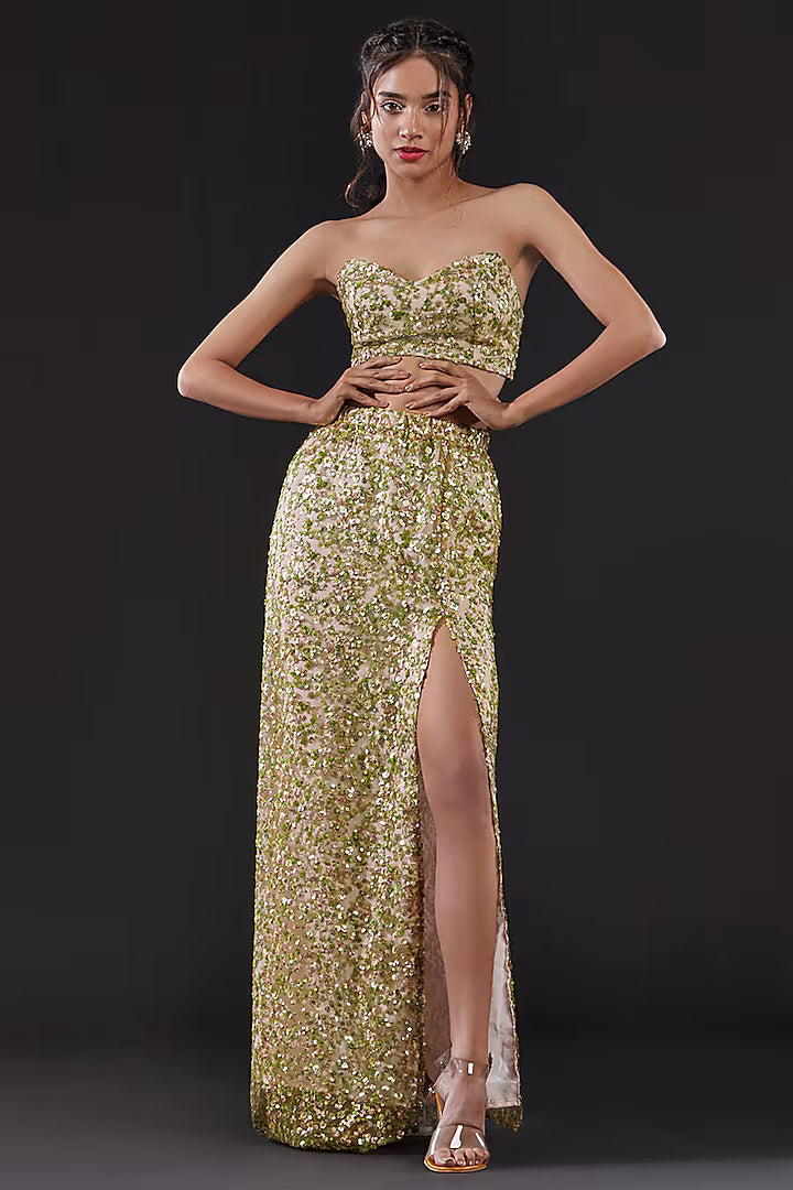 Blue Mesh & Tulle Embellished Sharara Set