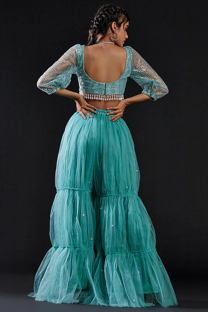 Blue Mesh & Tulle Embellished Sharara Set