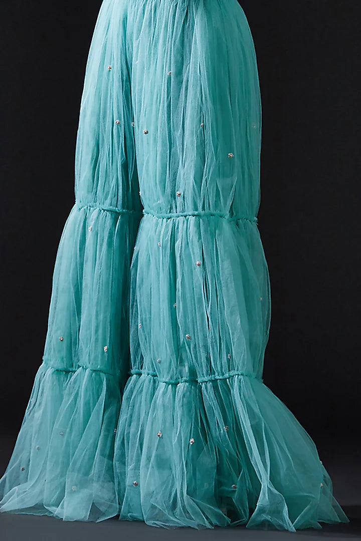 Blue Mesh & Tulle Embellished Sharara Set