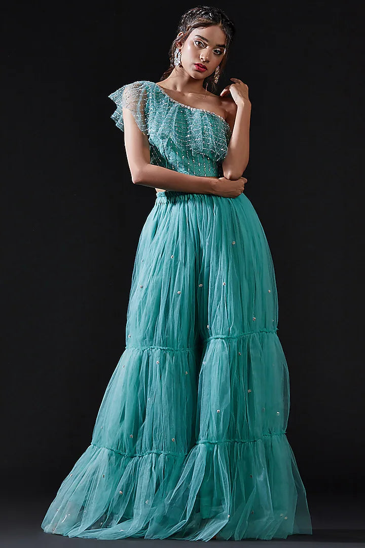 Blue Mesh & Tulle Embellished Sharara Set