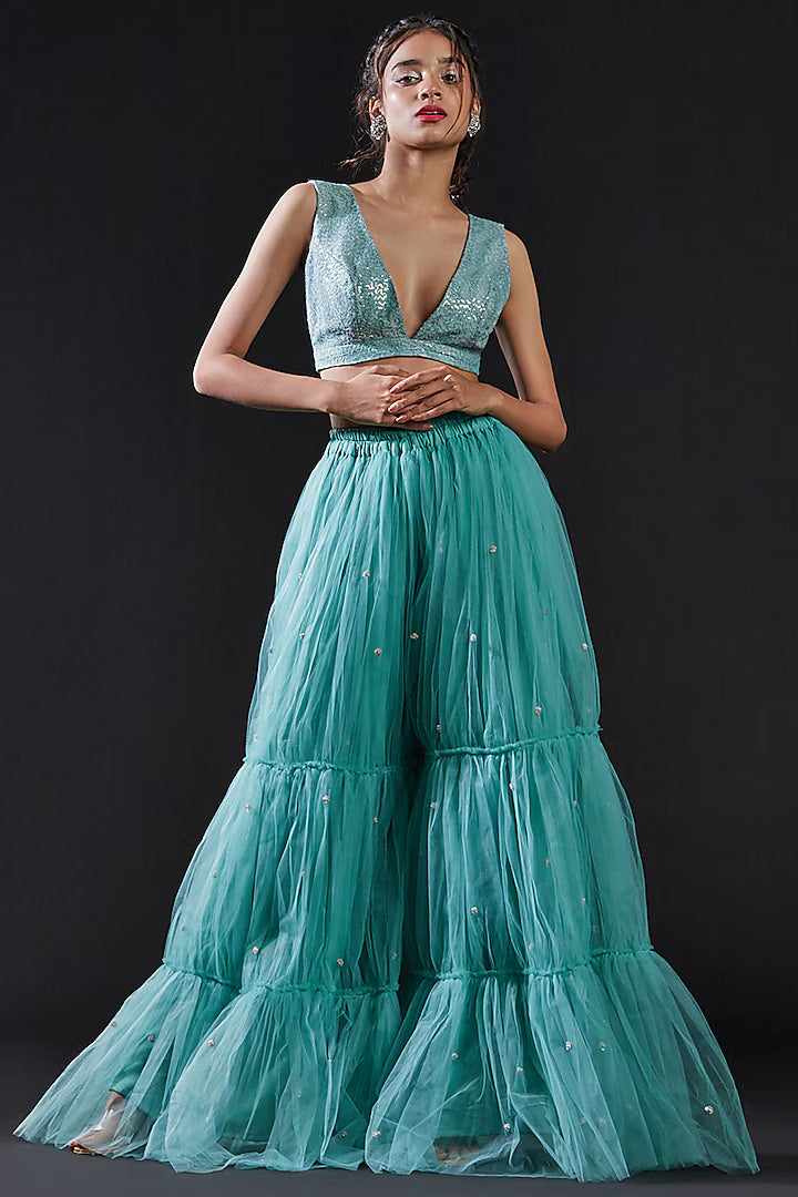 Blue Mesh & Tulle Embellished Sharara Set