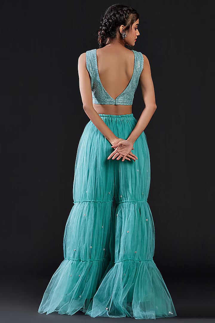 Blue Mesh & Tulle Embellished Sharara Set